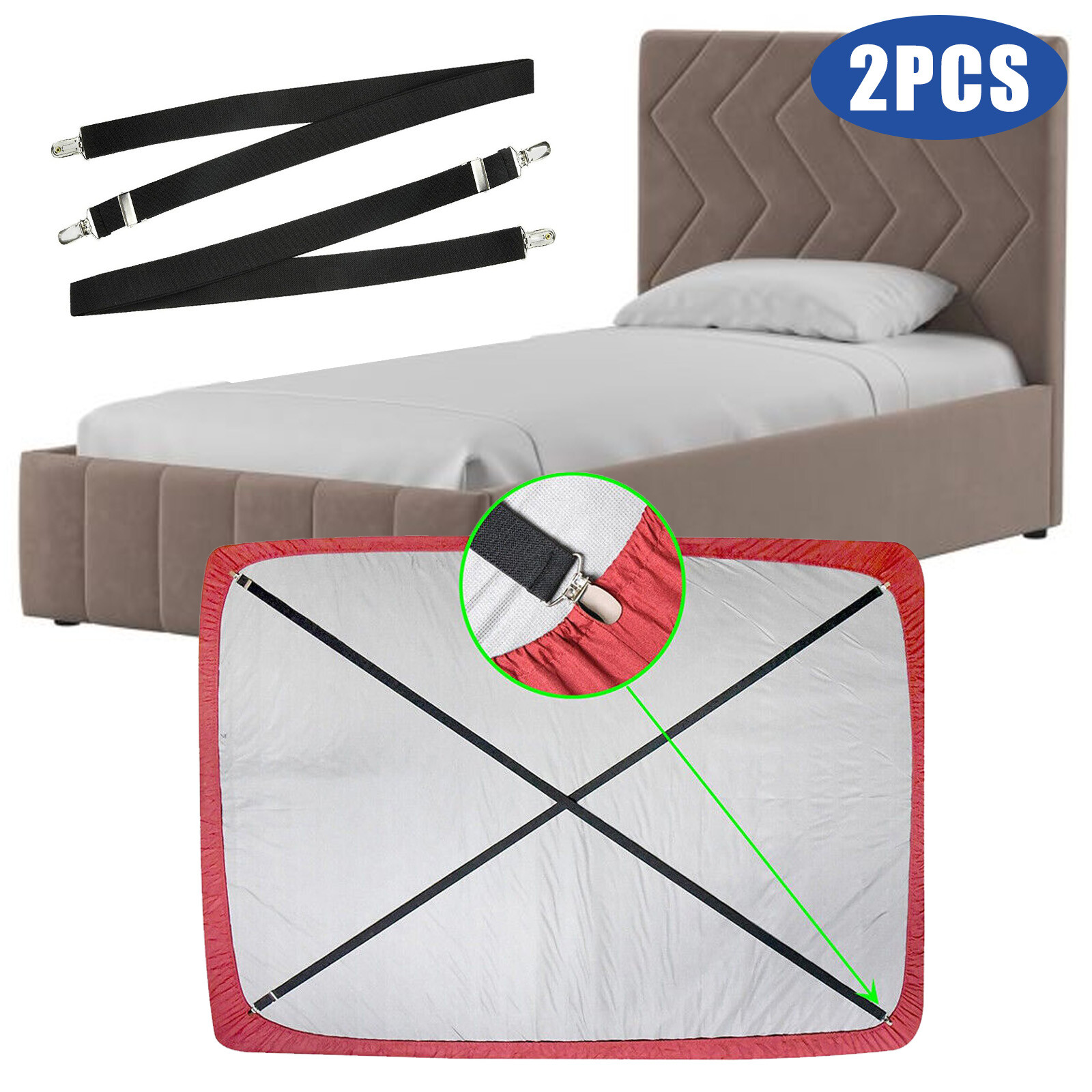 2 PCS Adjustable Bed Fitted Sheet Straps Suspenders Belt Gripper Fastener Clips