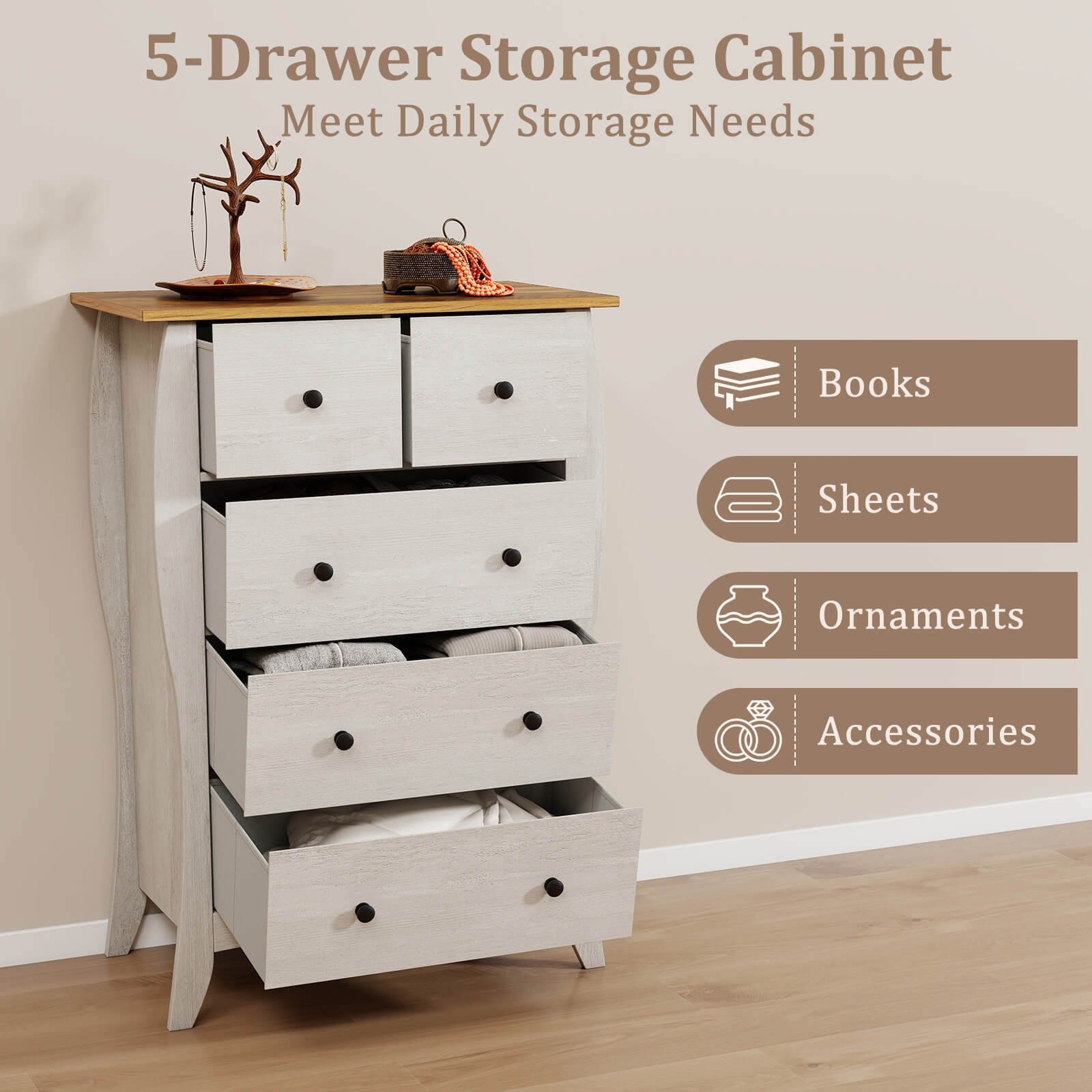 38" Farmhouse Chest of Drawers with 5 Folding Fabric Drawers & Anti-tipping Kit