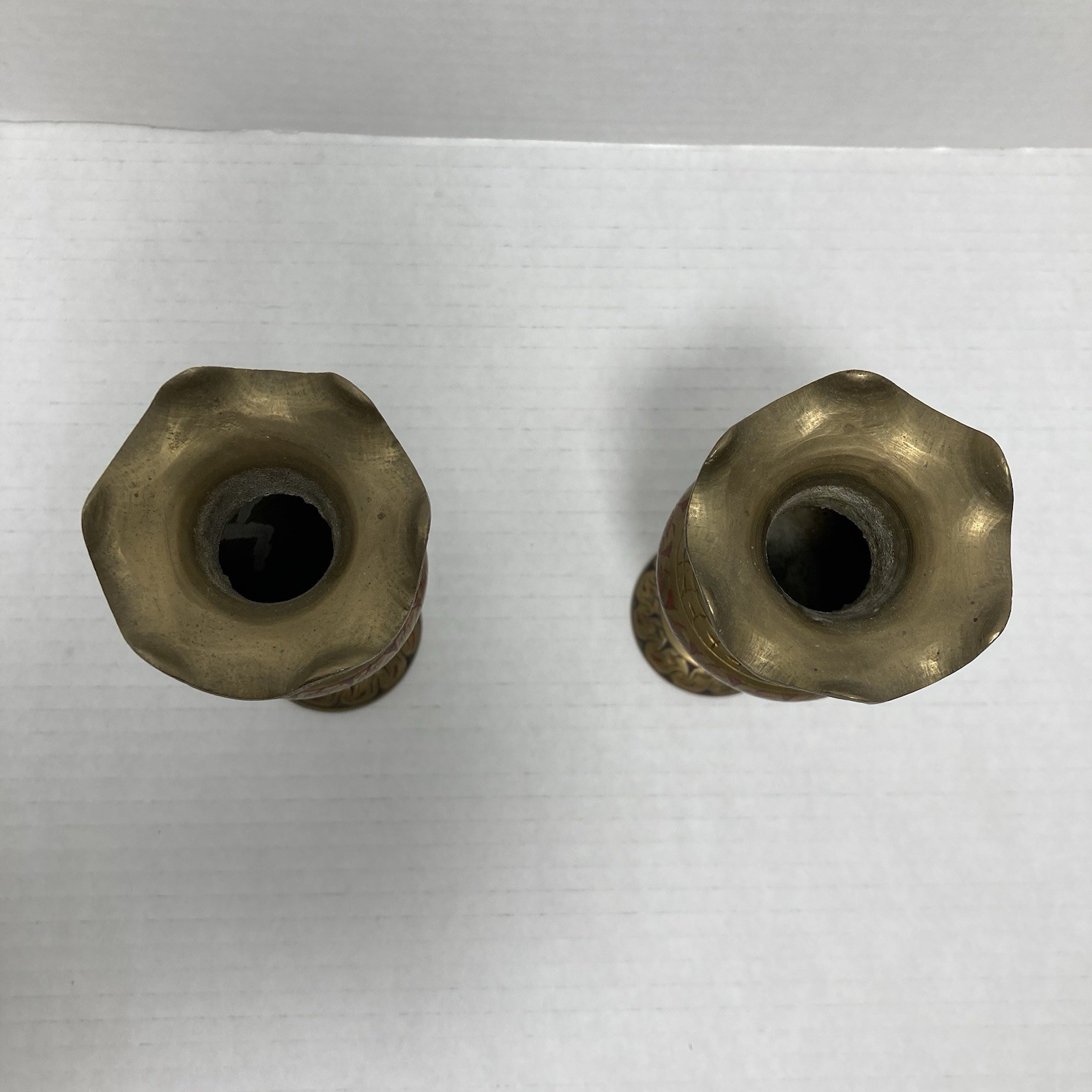 VTG Brass Etched Enameled Vases British India Scalloped Edge 6 In Art Deco MCM