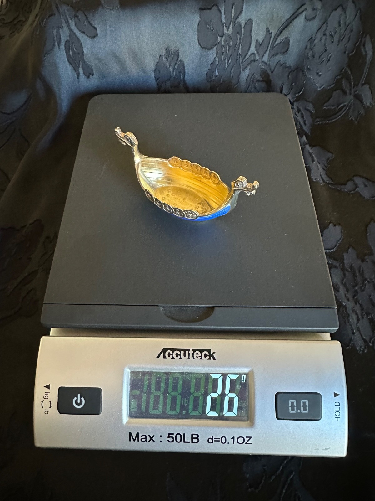 Theodore Olsen Norway Gilt Sterling Silver Blue Guilloche Viking Ship Salt