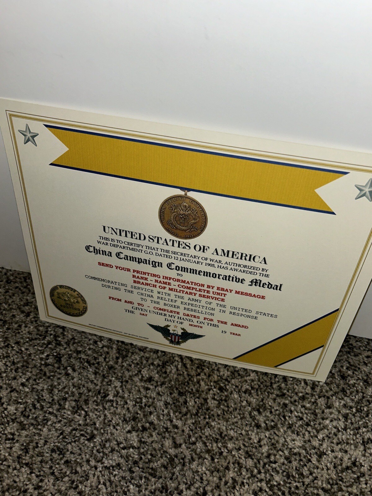 CHINA CAMPAIGN (ARMY) COMMEMORATIVE MEDAL CERTIFICATE ~ W/PRINTING TYPE-1