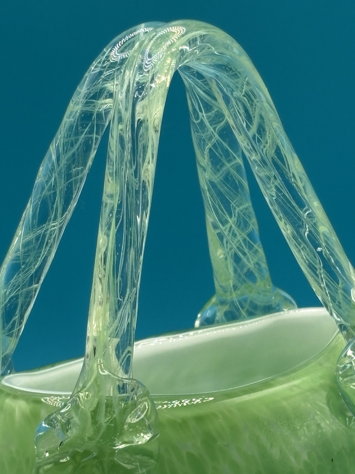 Vintage Hand Blown Art Glass Basket Green Controlled Bubble Murano Style Vase