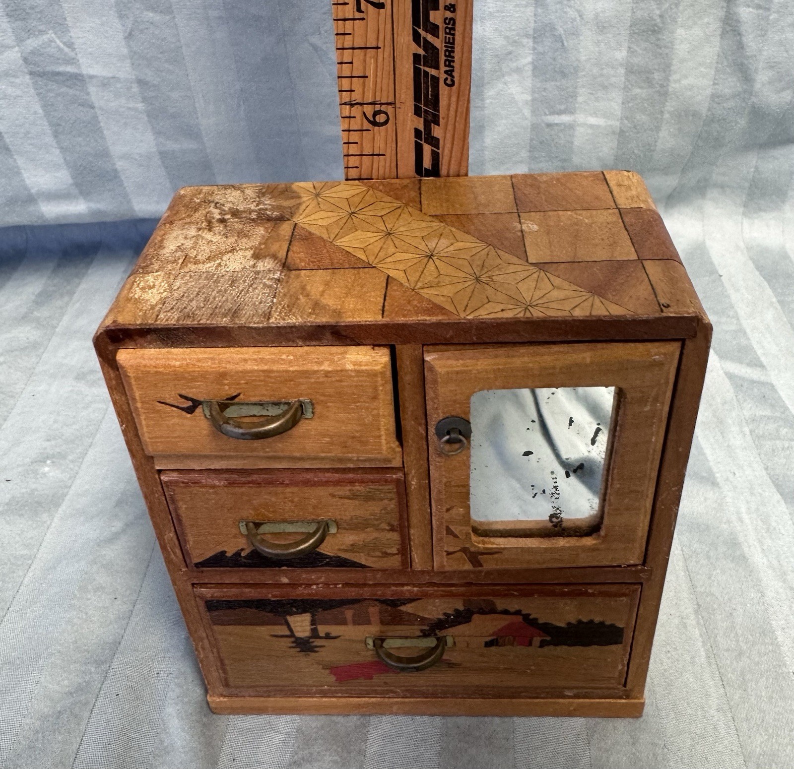 Japanese Vintage Wood Doll House Dresser Yosegi Marquetry Painted with Mirror