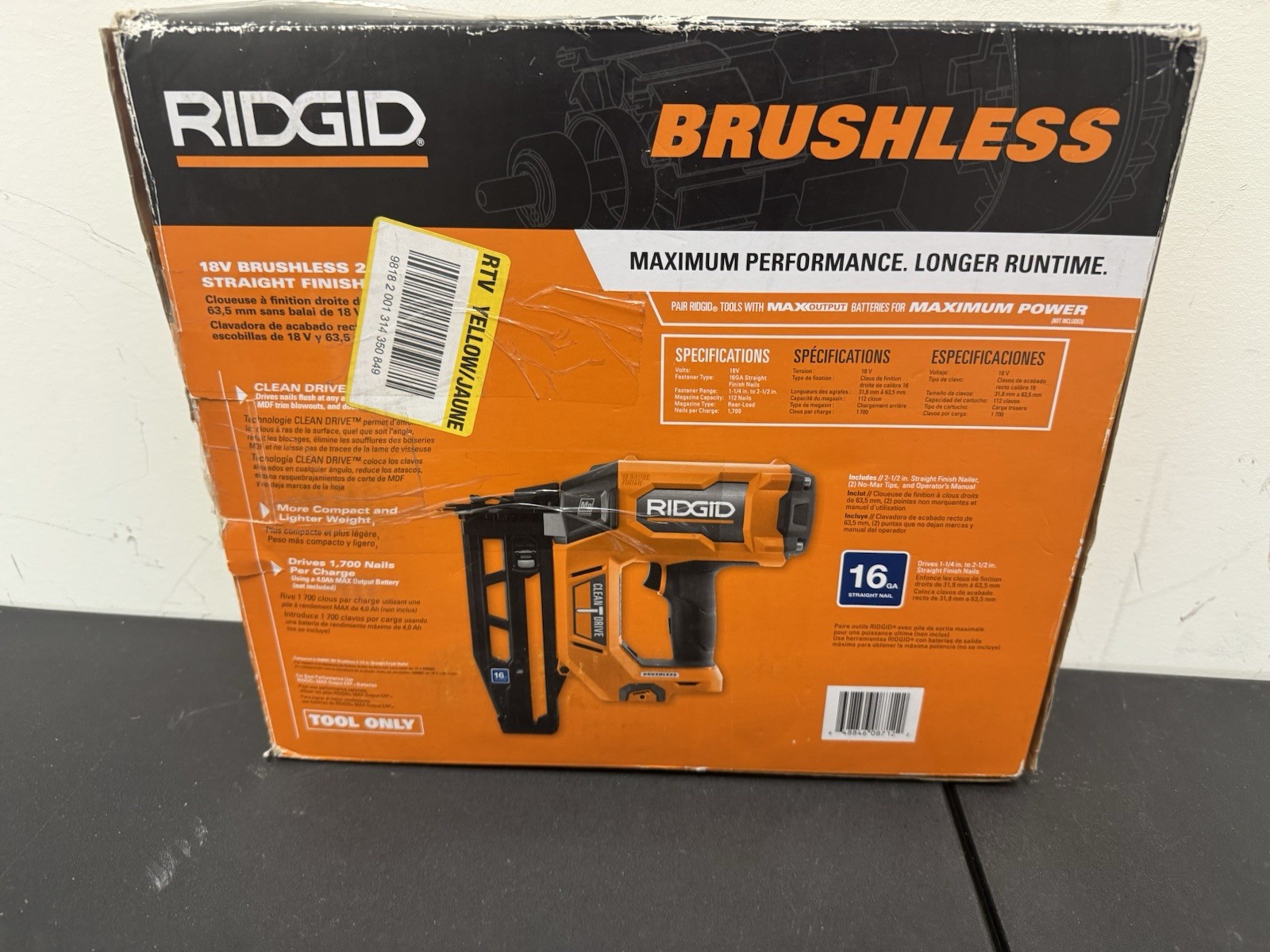Ridgid R09893B 18V Brushless 2-1/2" Straight Finish Nailer (Tool Only) Brand New