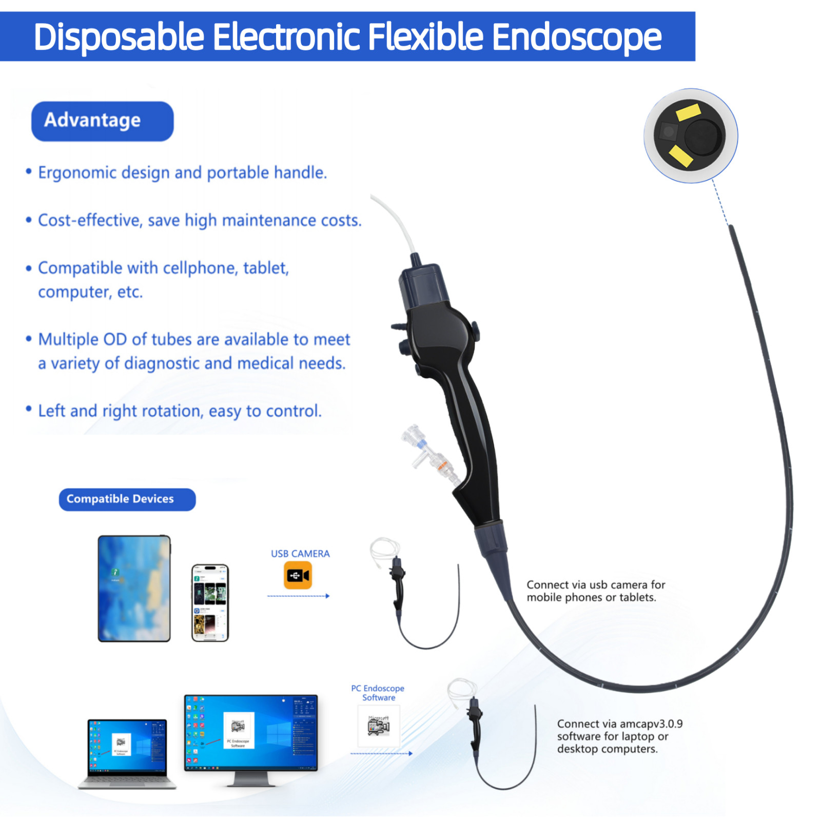 Disposable Electronic Flexible Endoscope Single-Use Portable handle for Medical