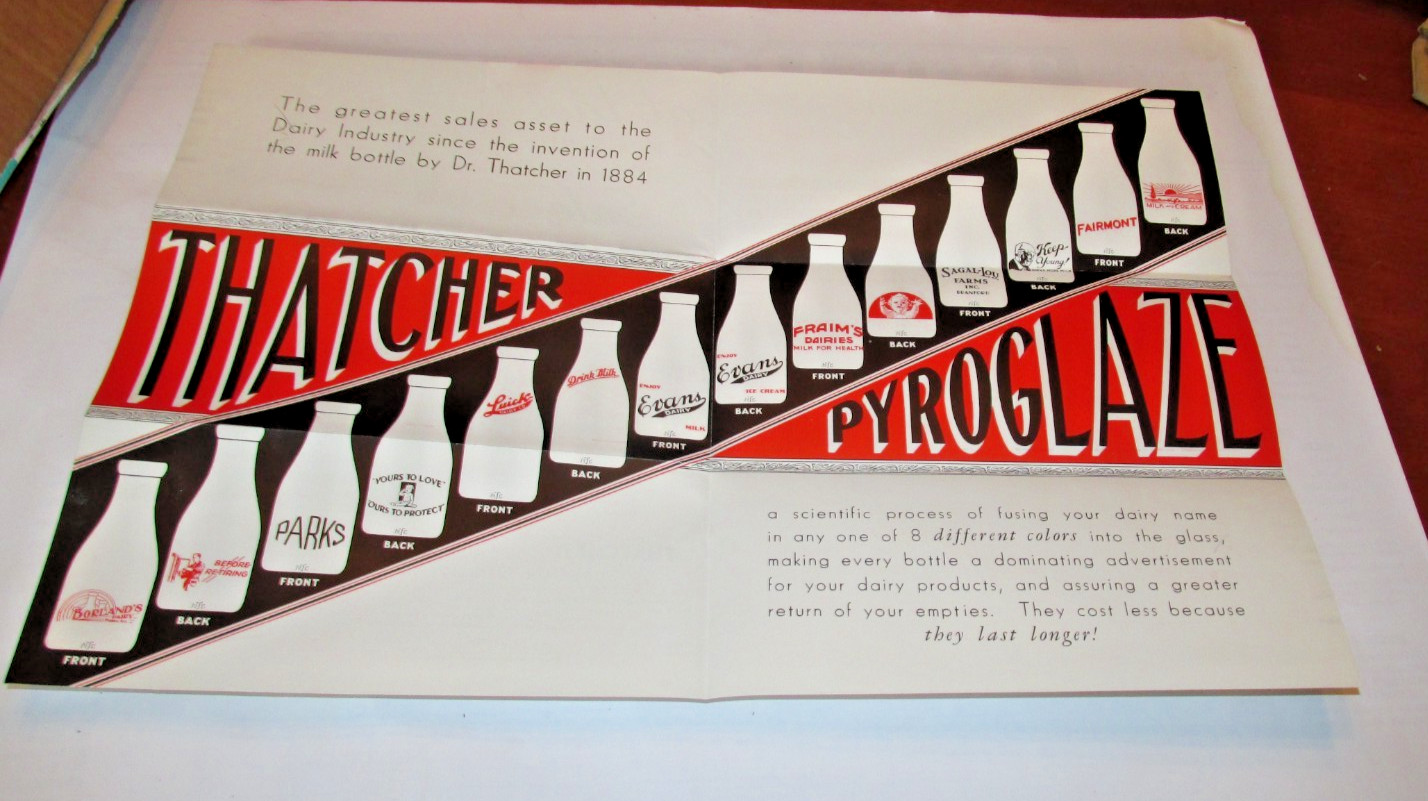 THATCHER MILK BOTTLE MAILER POSTER 1930'S "PYROGLAZE!" ELMIRA, NY, ADVERT