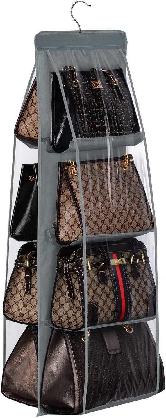 1 Grey Handbag Purse Organizer Rack Closet Display 8 Pocket Clear Storage Hanger