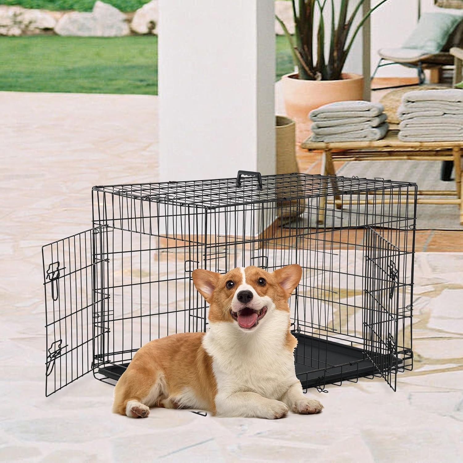 30in Dog Crate Double Door Folding Metal Wire Cage Divider Tray Medium Black