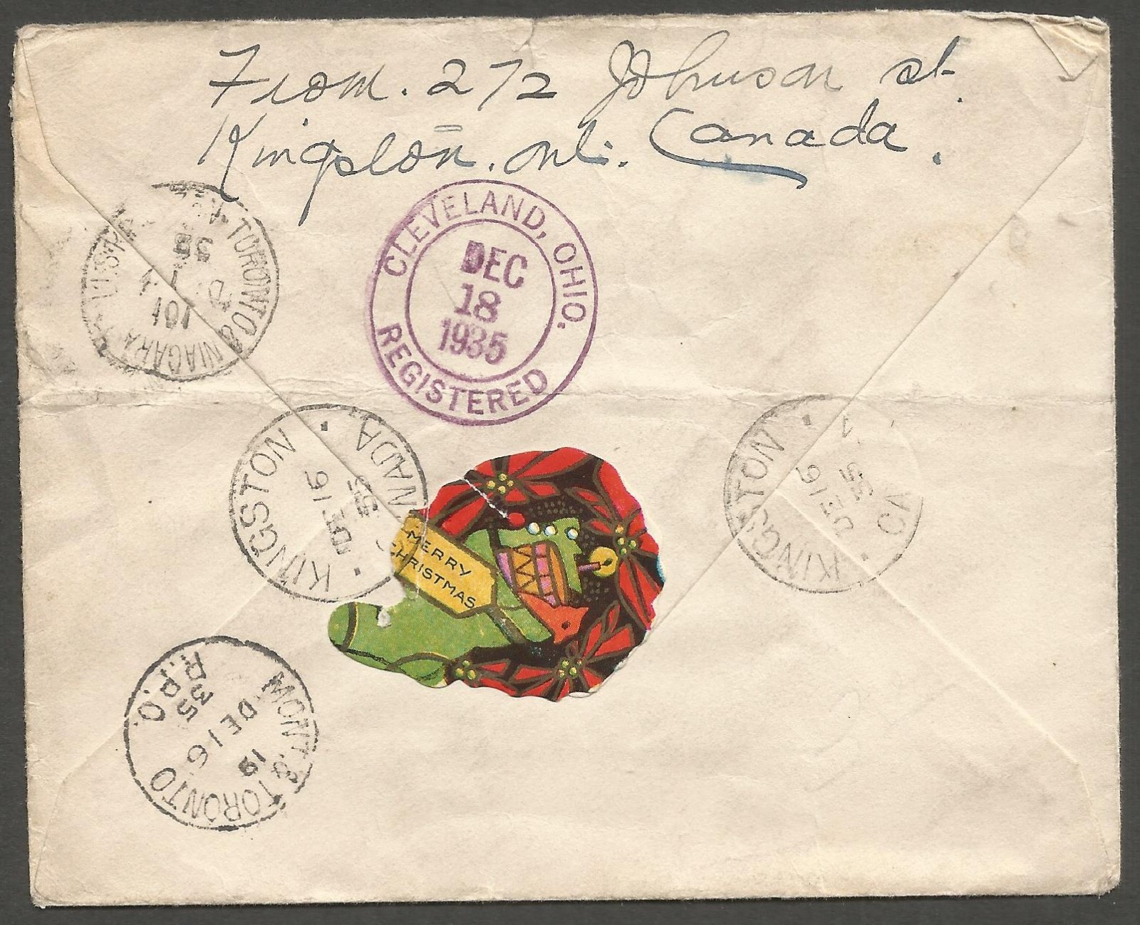 1935 Tied Xmas Label on Registered Cover 16c Quebec #201 RPO(2) CDS Kingston Ont