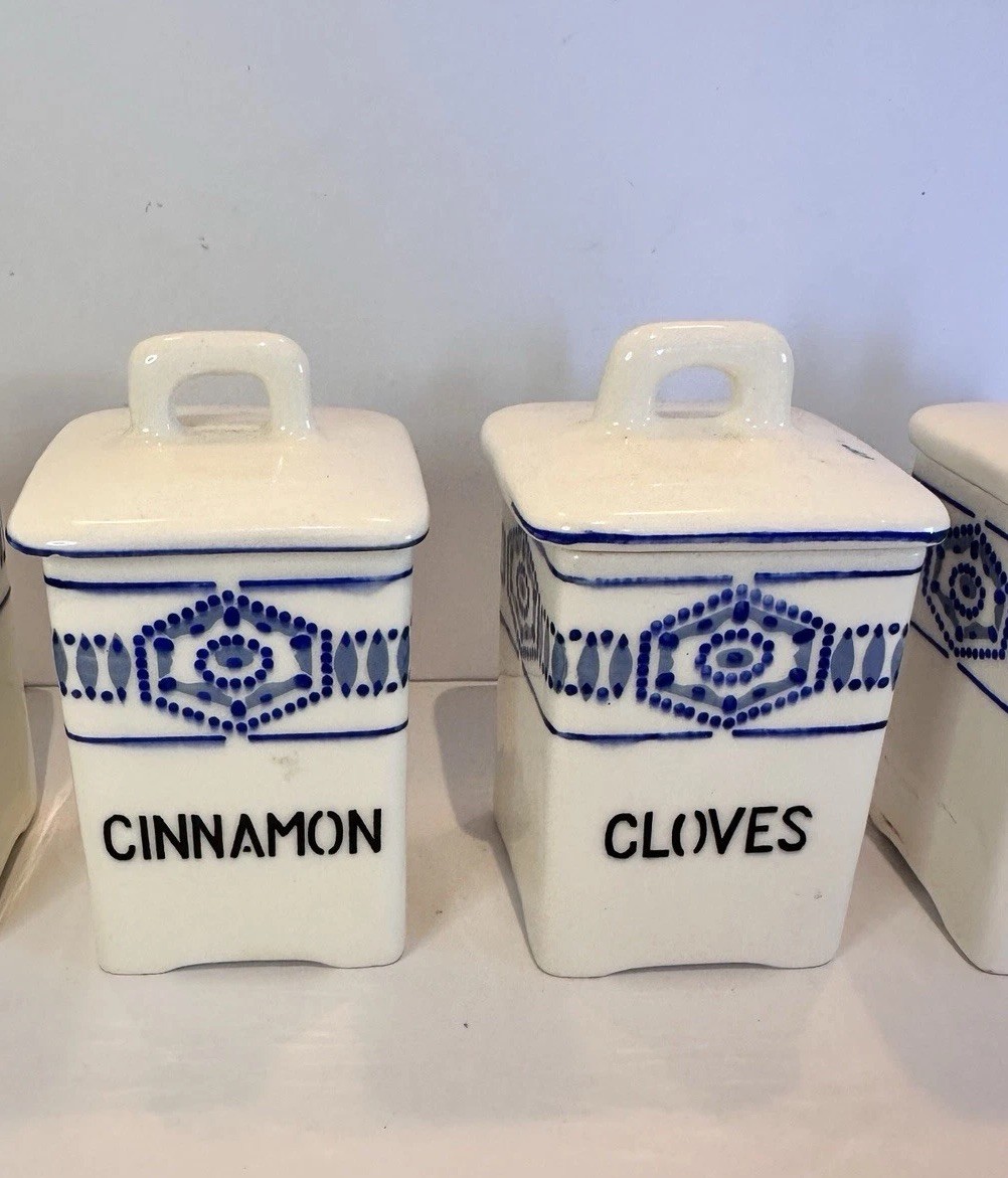 4 Blue and white Czechoslovakian spice canisters vintage