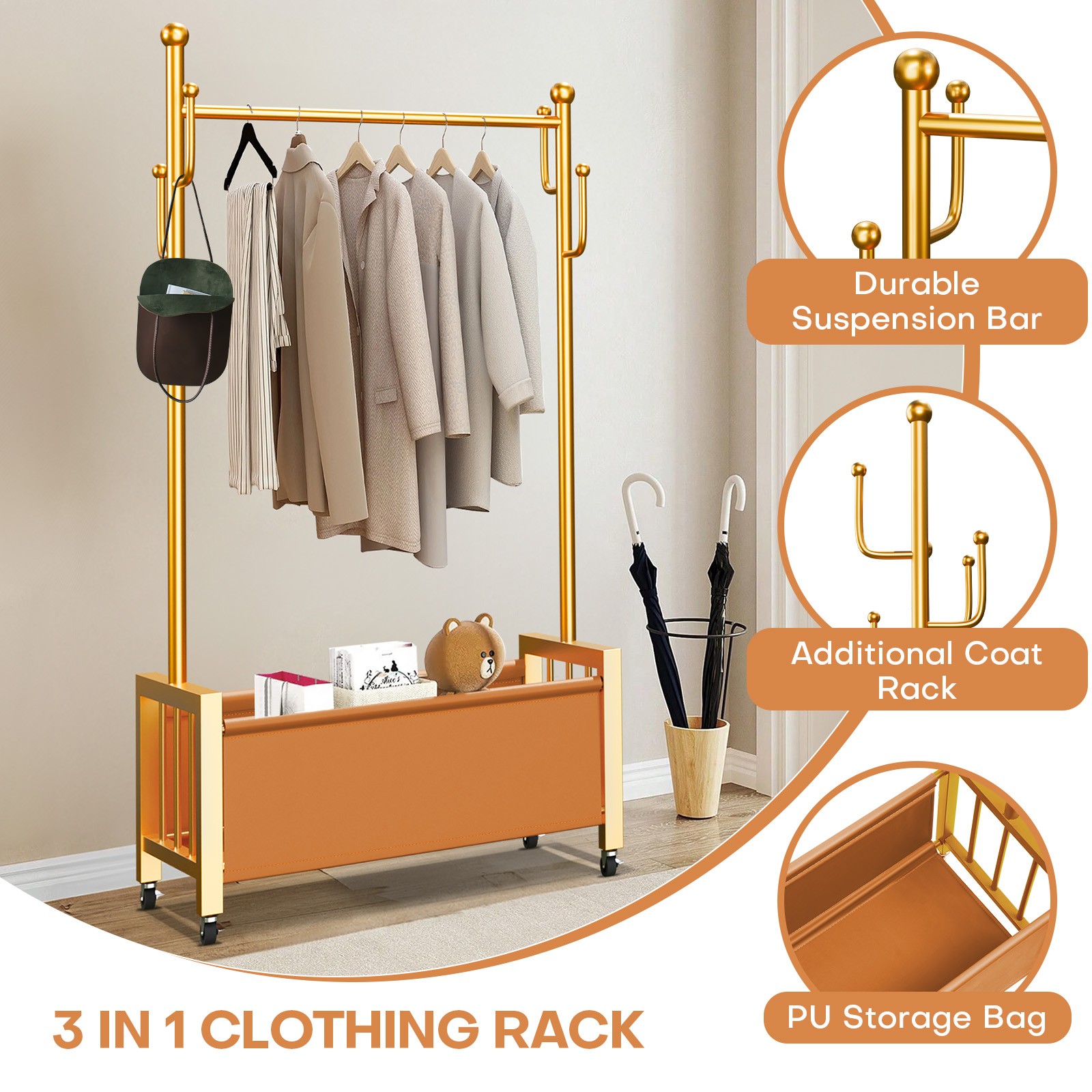 Rolling Garment Rack Organizer with Hanging Rod & Hooks for Small Apartment Dorm