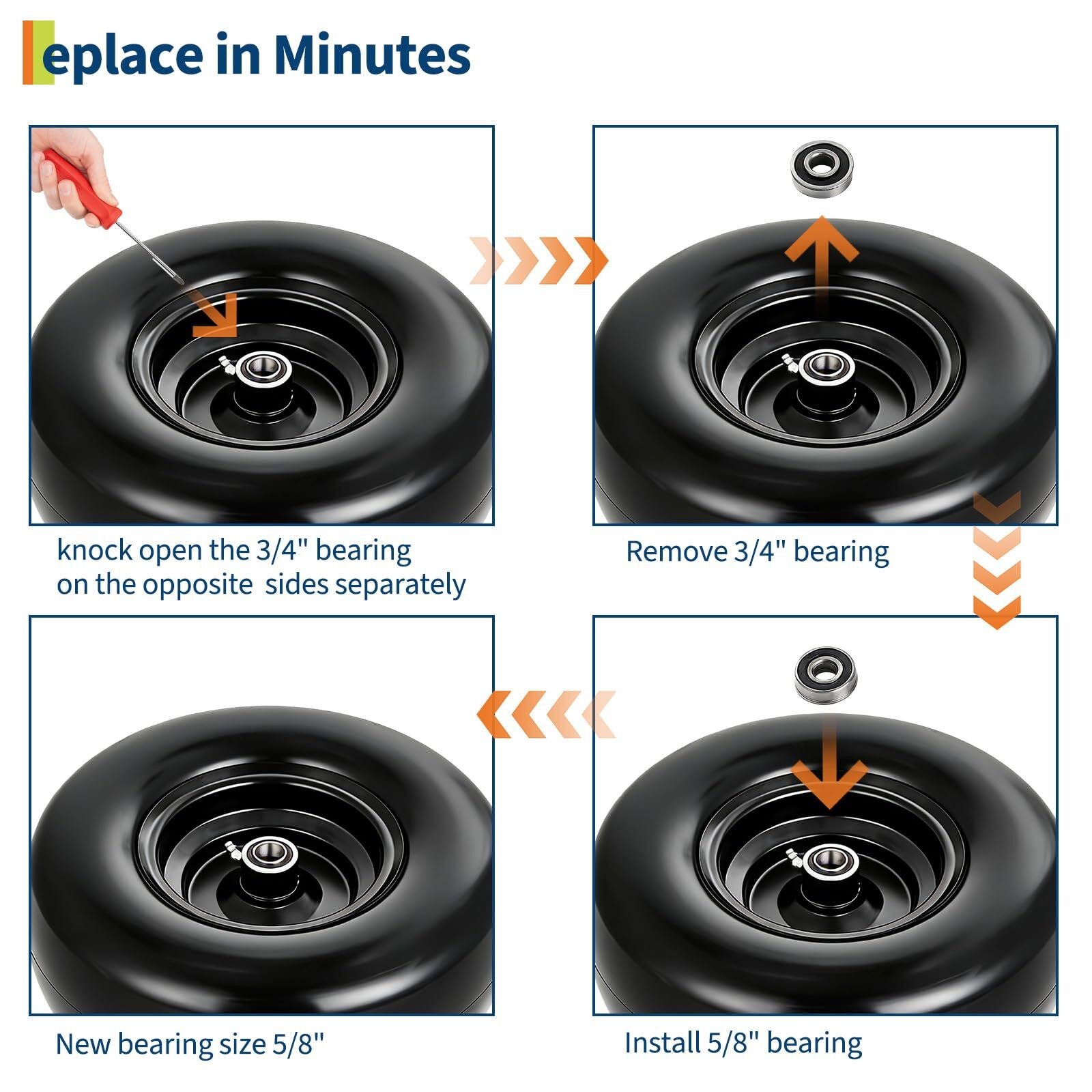 2 pack 13x6.50-6 Flat Free Tire Wheel Set w/ Bearing For Zero-Turn Lawn Mower