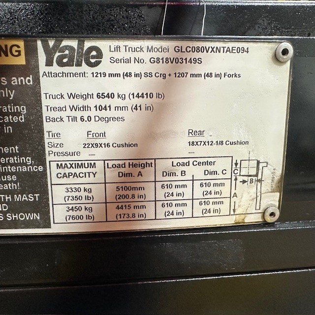 2018 Yale GLC080VX 8000lb Used Forklift Triple Mast Sideshift LP Gas 7186 Hours