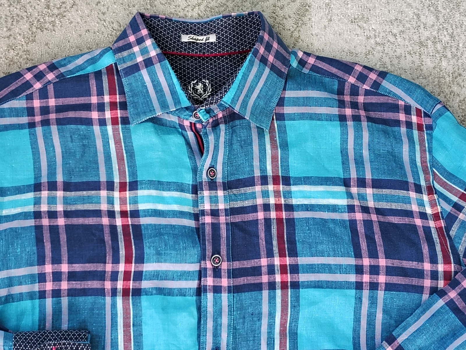 BUGATCHI Turquoise & Pink PLAID Mens LINEN Shirt Classic Shaped Fit L/XL 48"