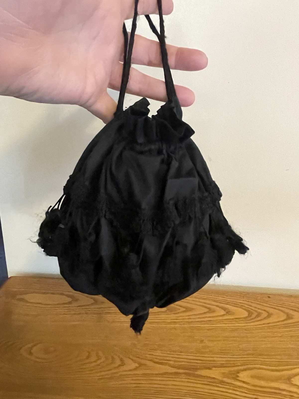 Victorian 1800s Reproduction Drawstring Black Fabric Purse Bag Tassels