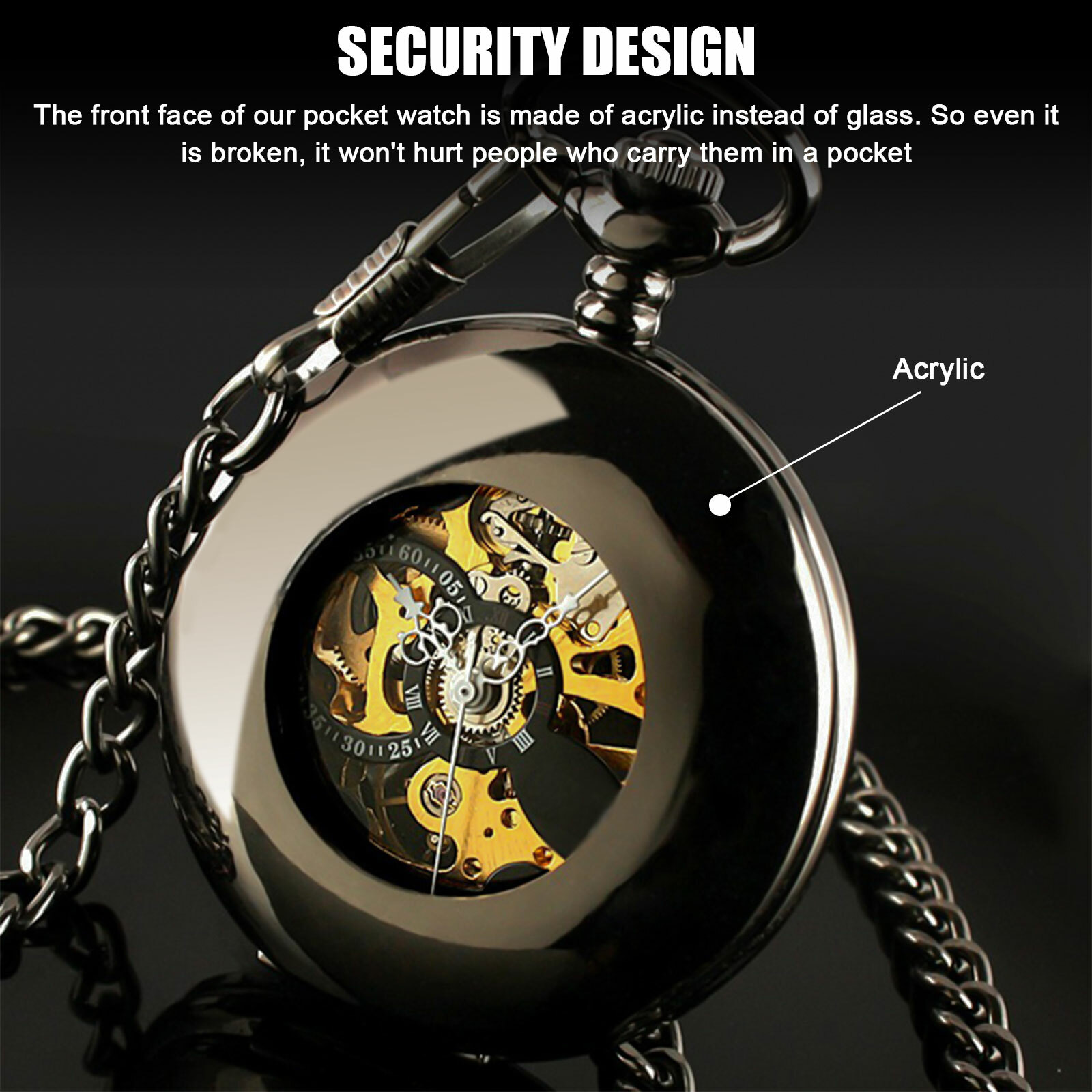 Mens Pocket Watch Mechanical Black Steampunk Skeleton Retro Chain Luxury Classic