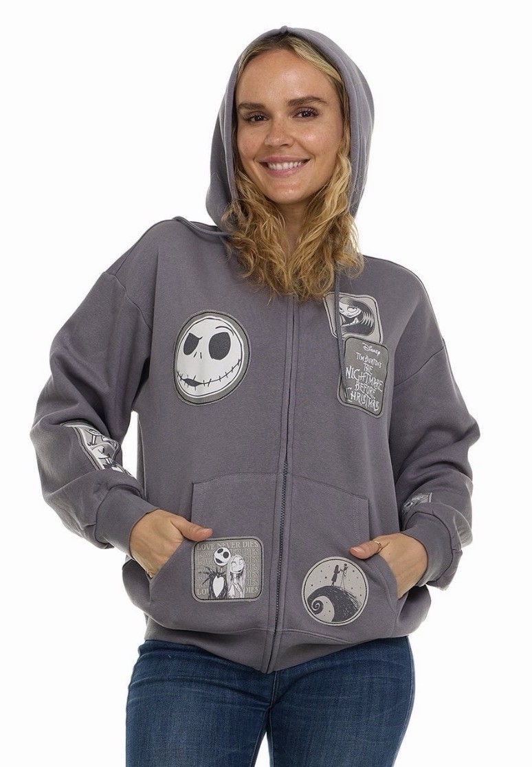 Nightmare Before Christmas Jack Sally Zip Hoodie Patch Jacket Sweatshirt L NWT