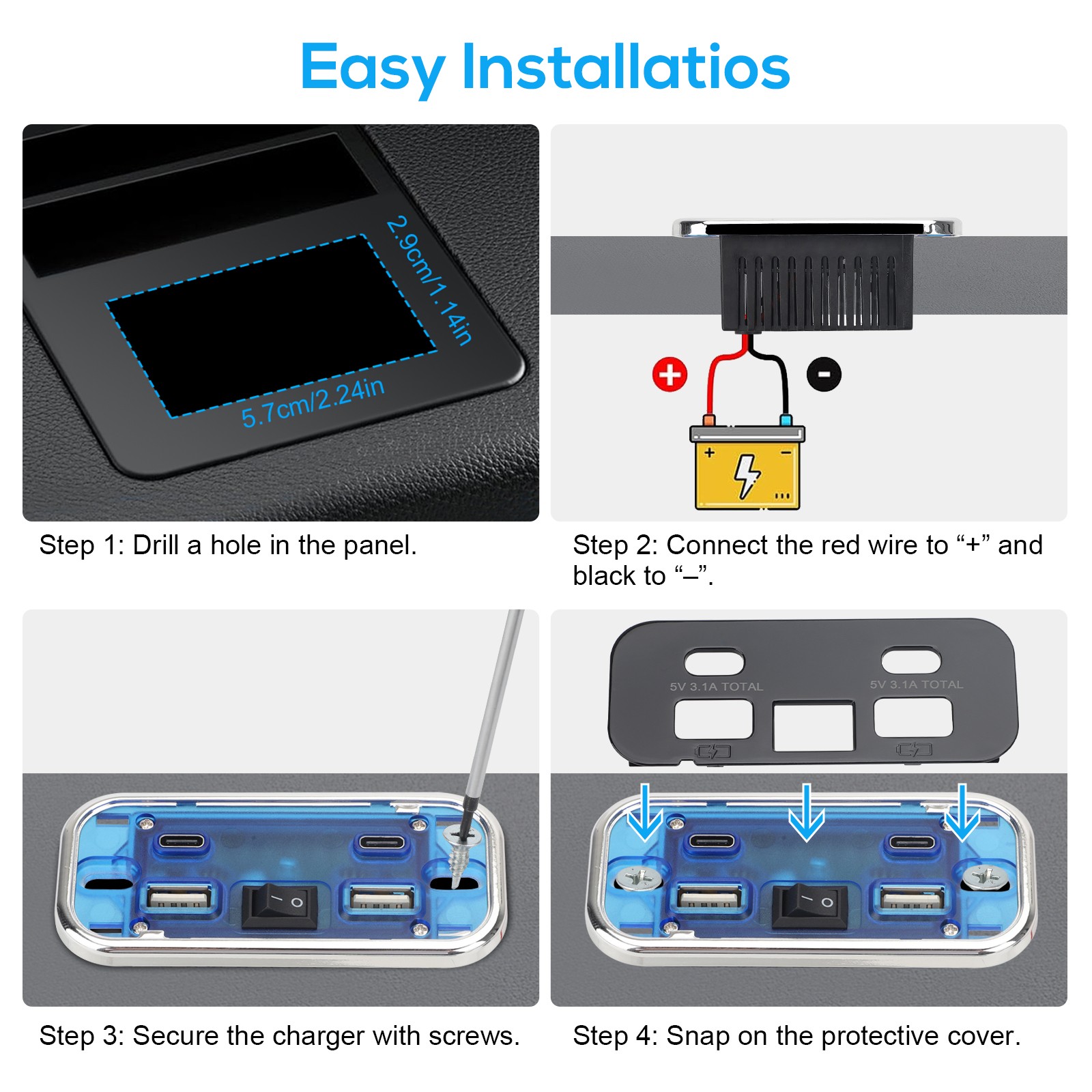 2pcs RV USB Outlet Dual USB A & USB C Ports Car Charger Socket Panel Boat Marine