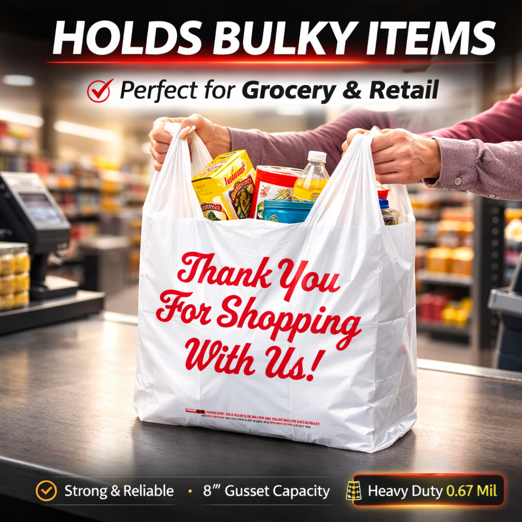 1/5 Large Thank You T-Shirt Plastic Bags 23x13x8 in 0.67 Mil Grocery Carryout