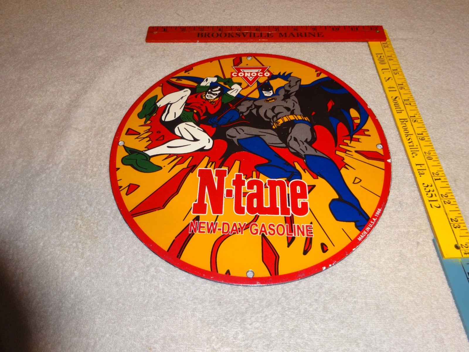 VINTAGE 1966 CONOCO GASOLINE W/ BATMAN & ROBIN 11 3/4" PORCELAIN METAL OIL SIGN!