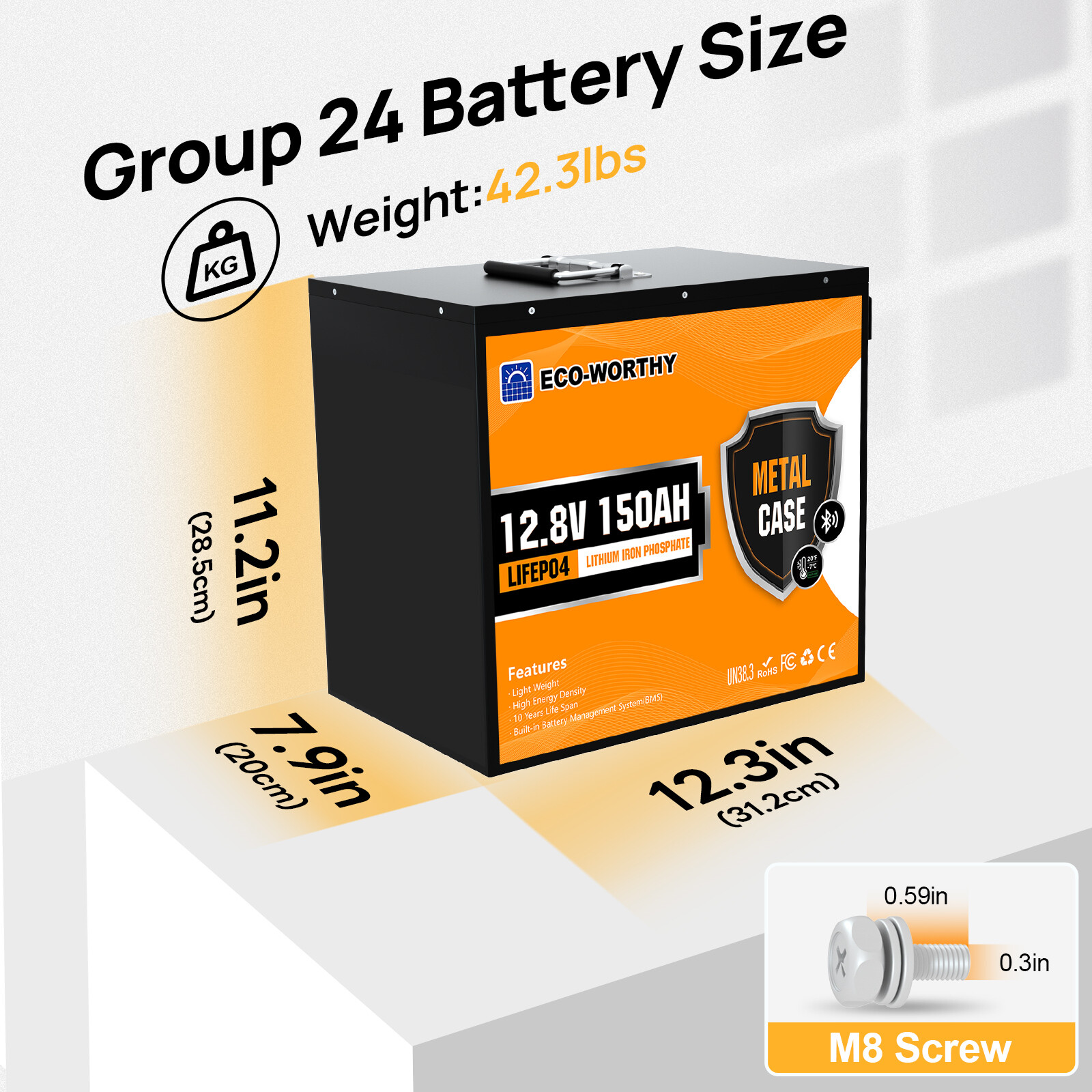 ECO-WORTHY 1920Wh 12V 150Ah LiFePO4 Lithium Battery Bluetooth Metal For RV