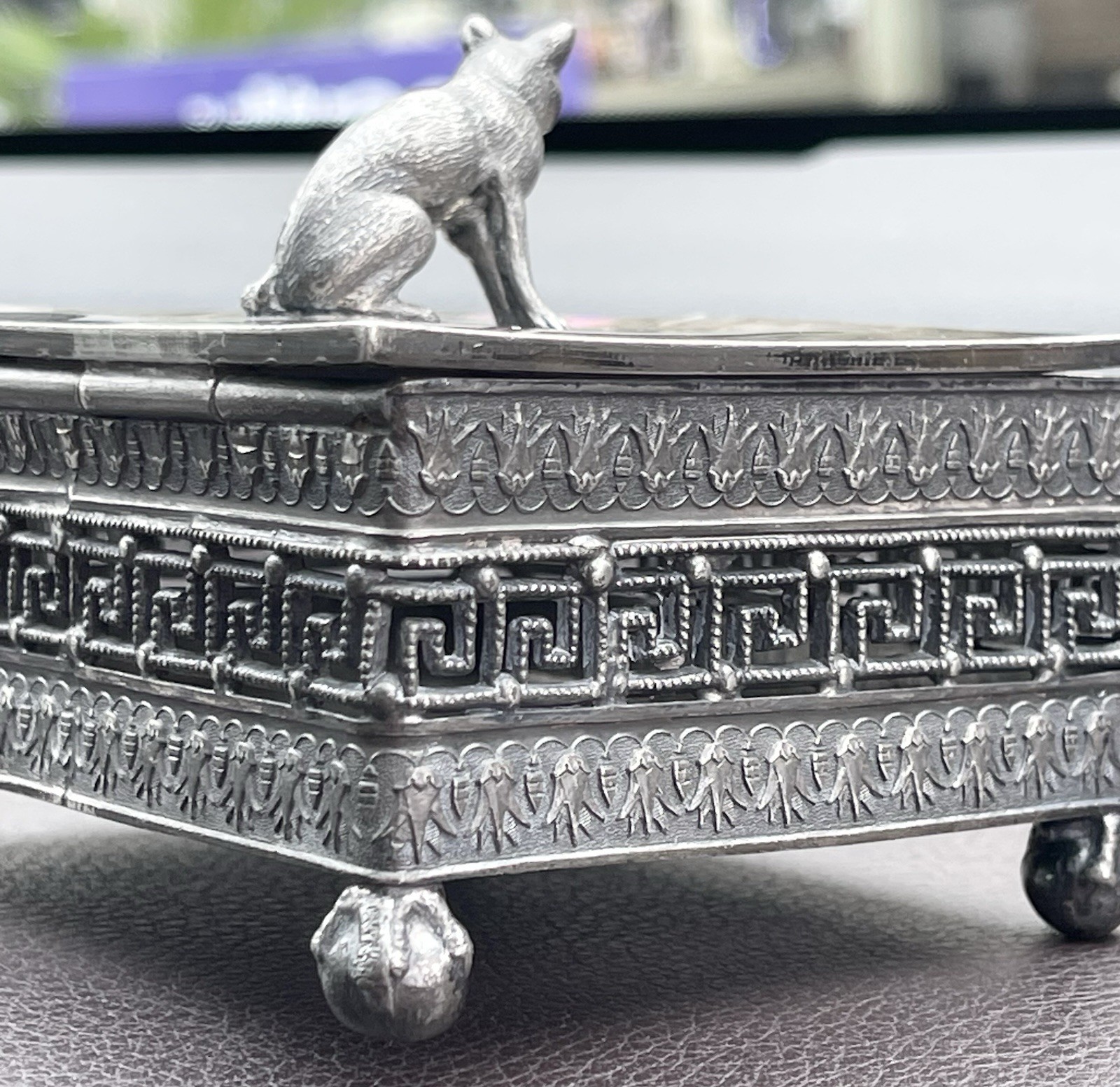 Antique Silver Plated Box w/ Fox or Dog On The Lid - Victorian or Art Deco-era☚☚