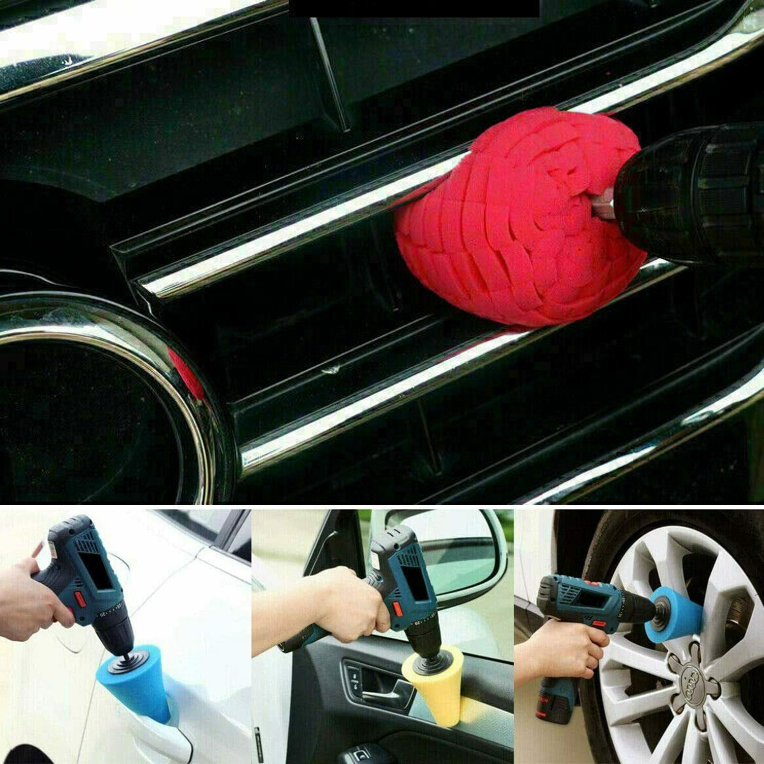 Foam Drill Polishing Cone Ball Pads Kit Car Hub Waxing Buffing Wheel Polisher 4"