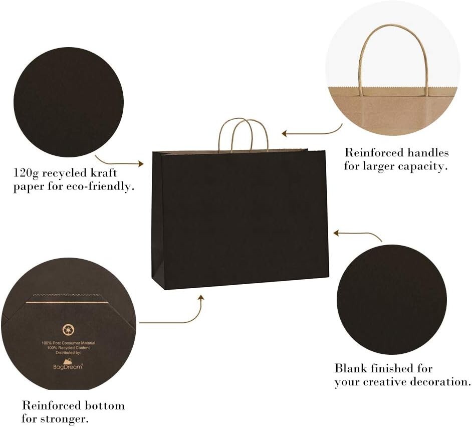 Paper Shopping Bags 50 Black Kraft 16" x 6 x 12" Retail Merchandise Handles