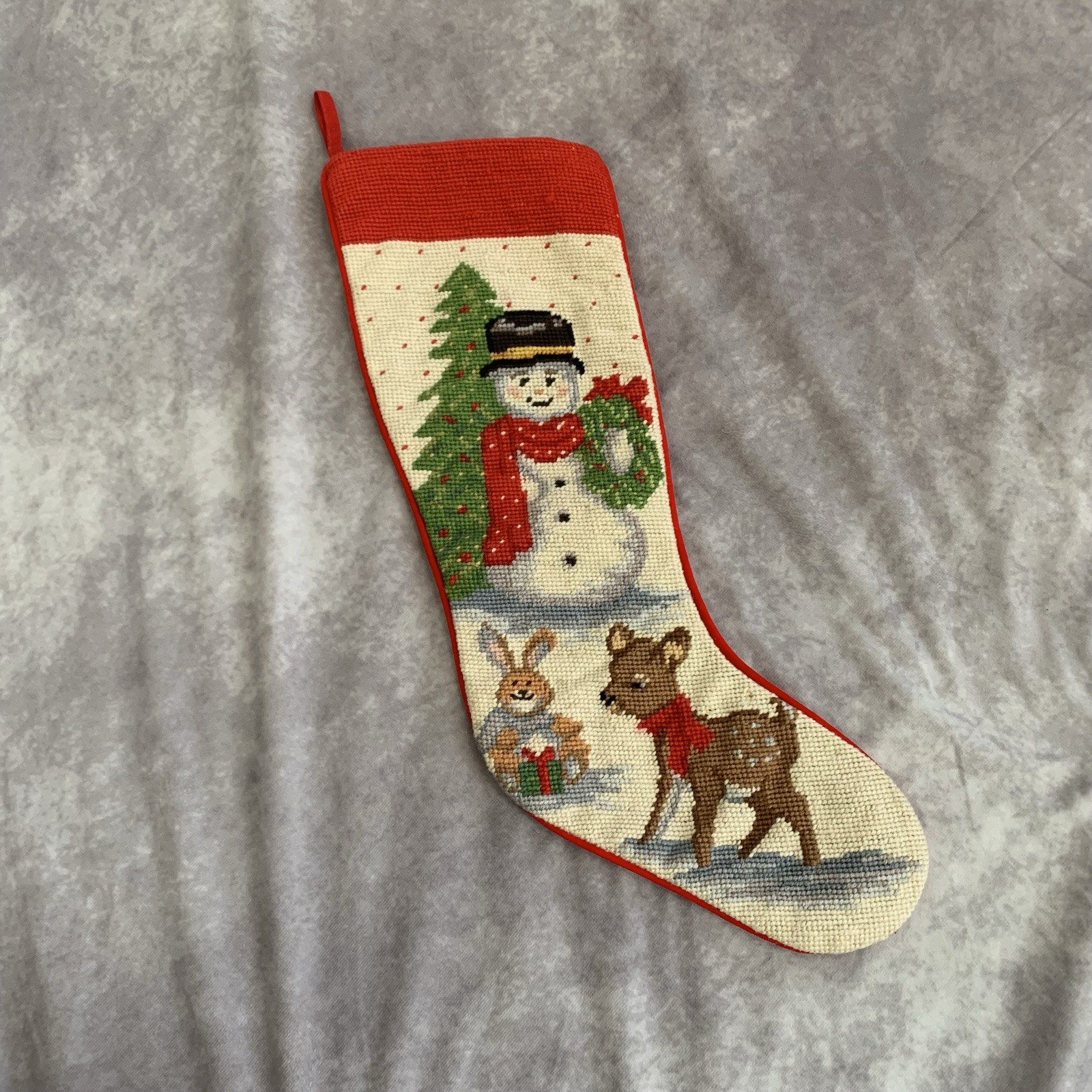 Vintage Needlepoint Wool Christmas Stocking Snowman Reindeer Holiday