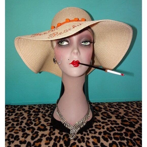 Vintage Feelin' Beachy Ivory Woven Sun Hat with orange pom pom fringe pinup
