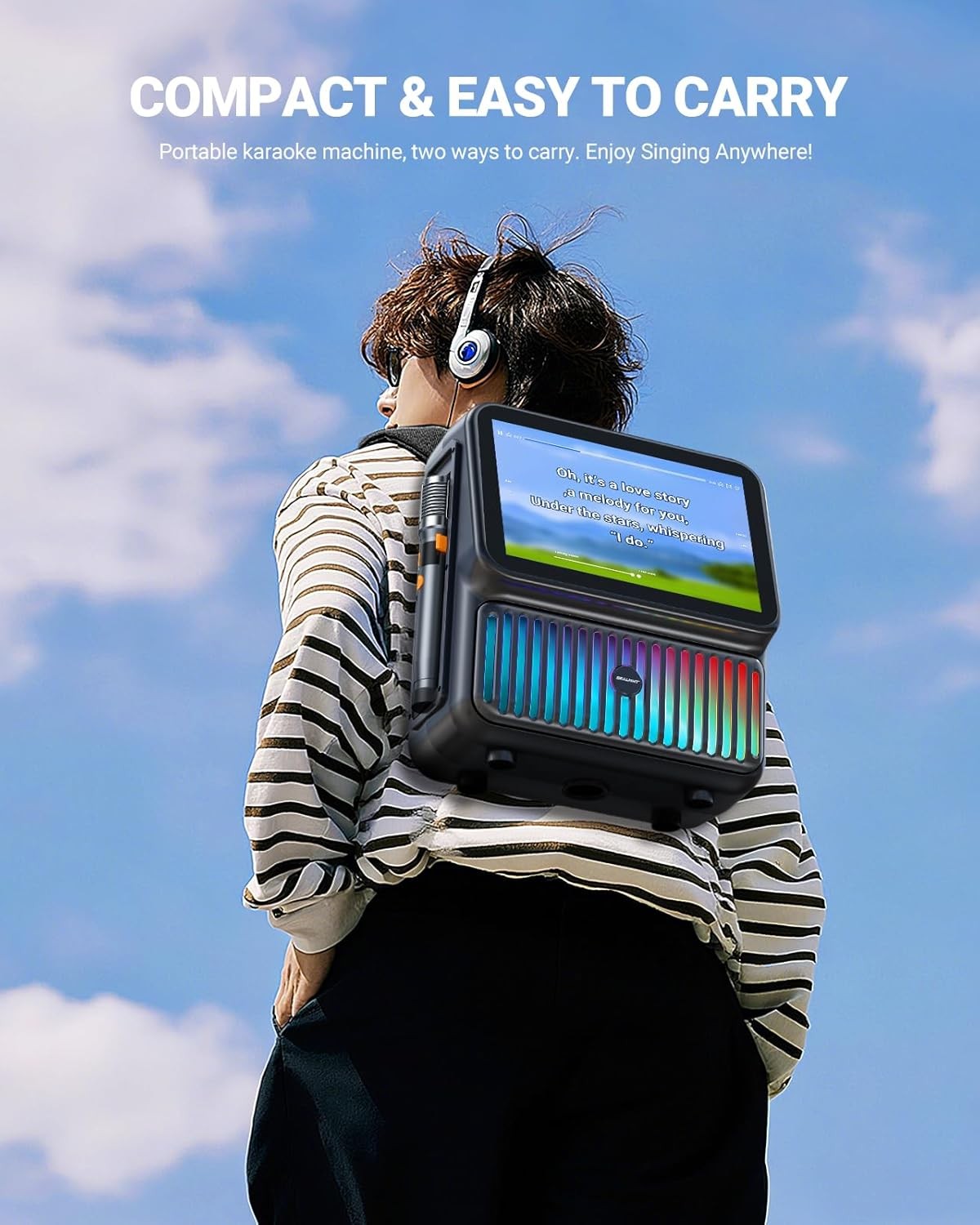 Smart Karaoke Machine w 13.3" Tablet, Bluetooth, 2 Wireless Mics, Party Lights