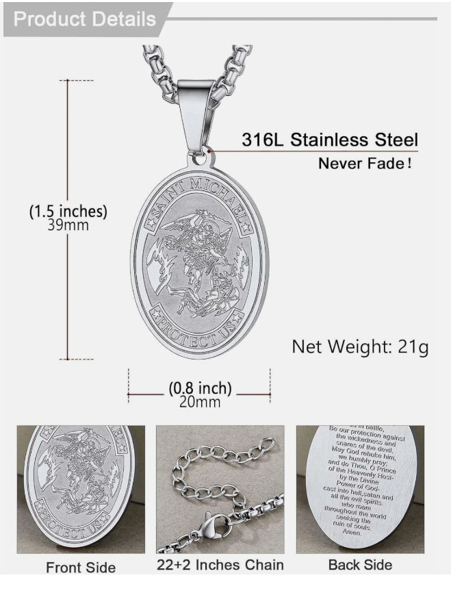 New St. Saint Michael Pendant Necklace Stainless Steel Archangel Medal Prayer