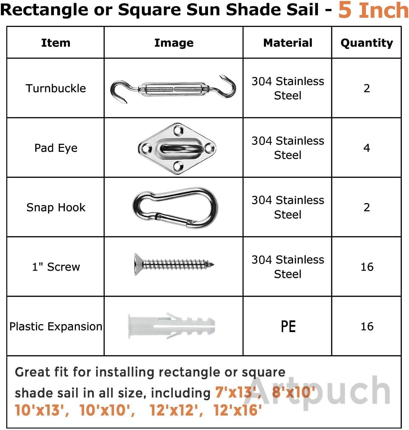 Sun Shade Sail Hardware Kit 5 Inch for Rectangle Square Shade - Stainless Steel