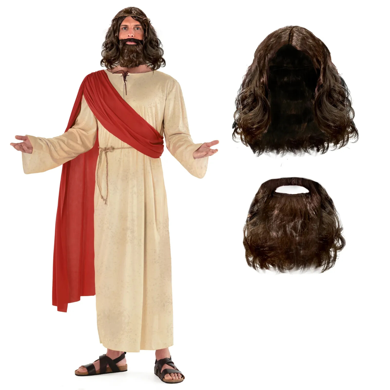 Men`s Jesus Costume Adult Christ Robe + Wig Beard Religious Biblical Outfit