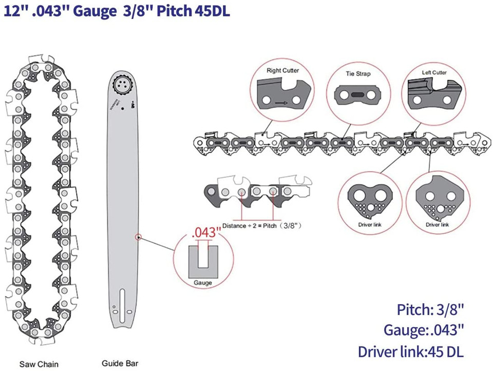 12 Inch Chainsaw Chain Blade 3/8" LP Pitch 050" Gauge