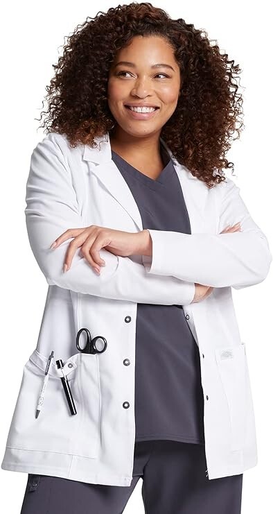 NWT Dickies Xtreme Stretch Women Scrubs Lab Coats 28" Snap Front White XS-M