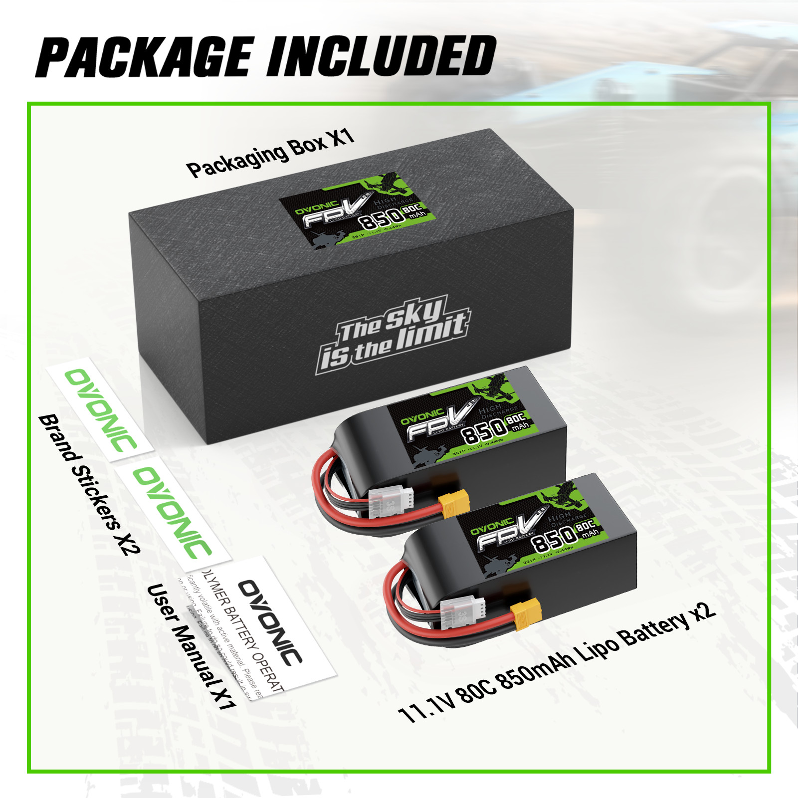 2X OVONIC 11.1V 80C 3S 850mAh Lipo Battery XT60 for Drone FPV Quad crawler