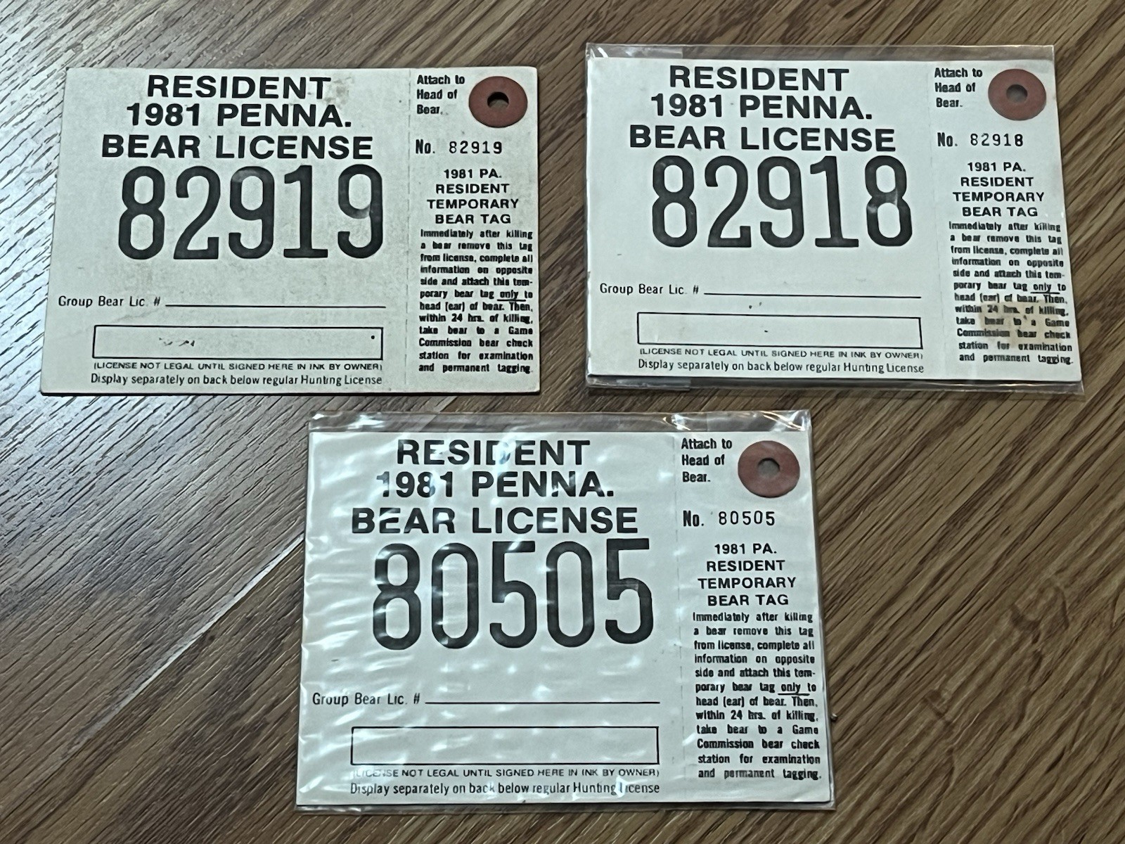 1981 PENNSYLVANIA RESIDENT BEAR LICENSE LOT OF 3