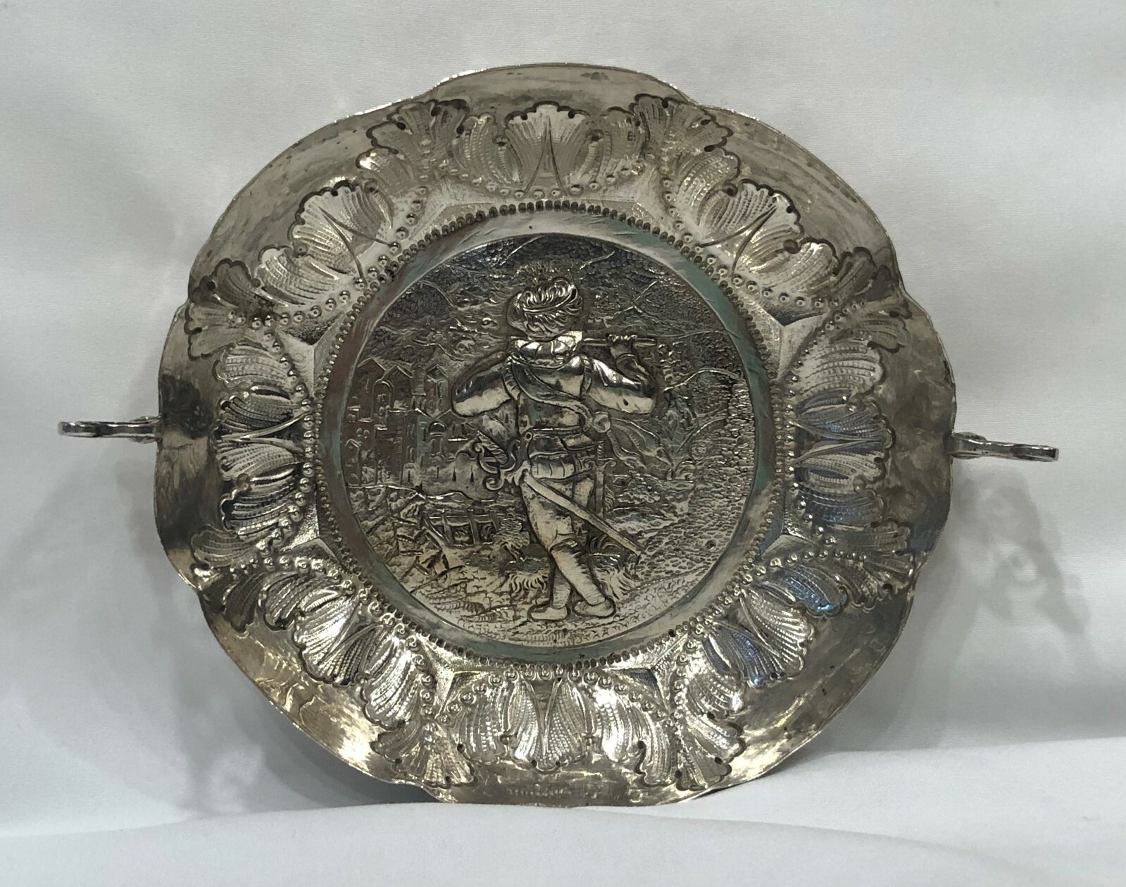Hanau Sterling Silver Folk Scene of Piper Bowl/Wine Taster Germany c. 1900