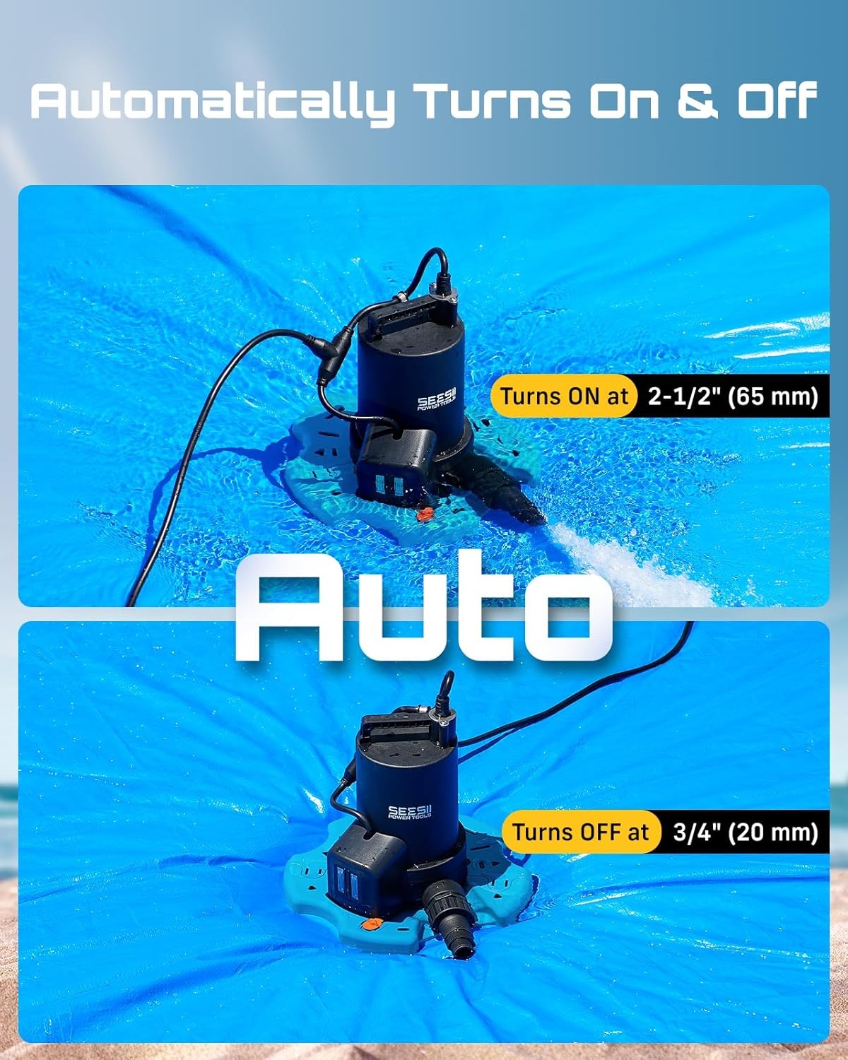 SEESII Automatic On/Off 1/3HP Pool Cover Pump 3035GPH Submersible Water Pump