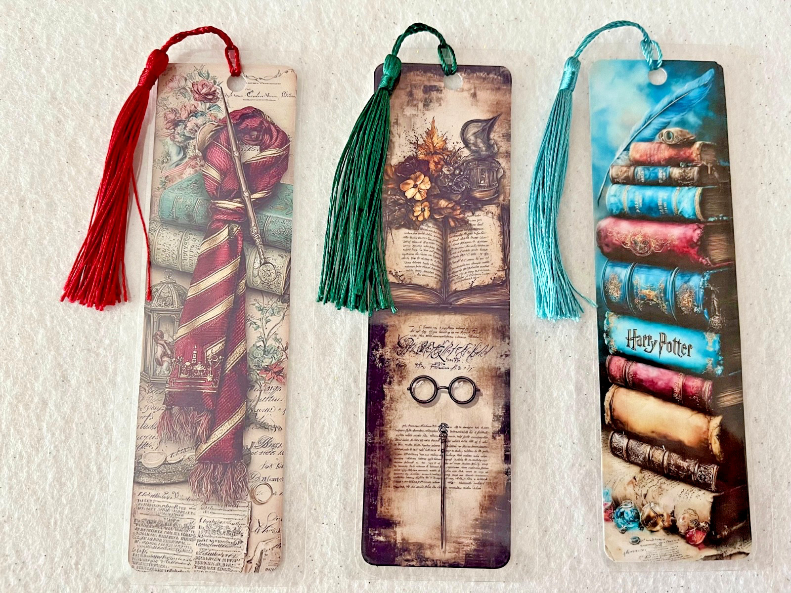 HARRY POTTER COLORFUL VARIETY OF  BOOKMARKS set of 3 LAMINATED WITH TASSELS