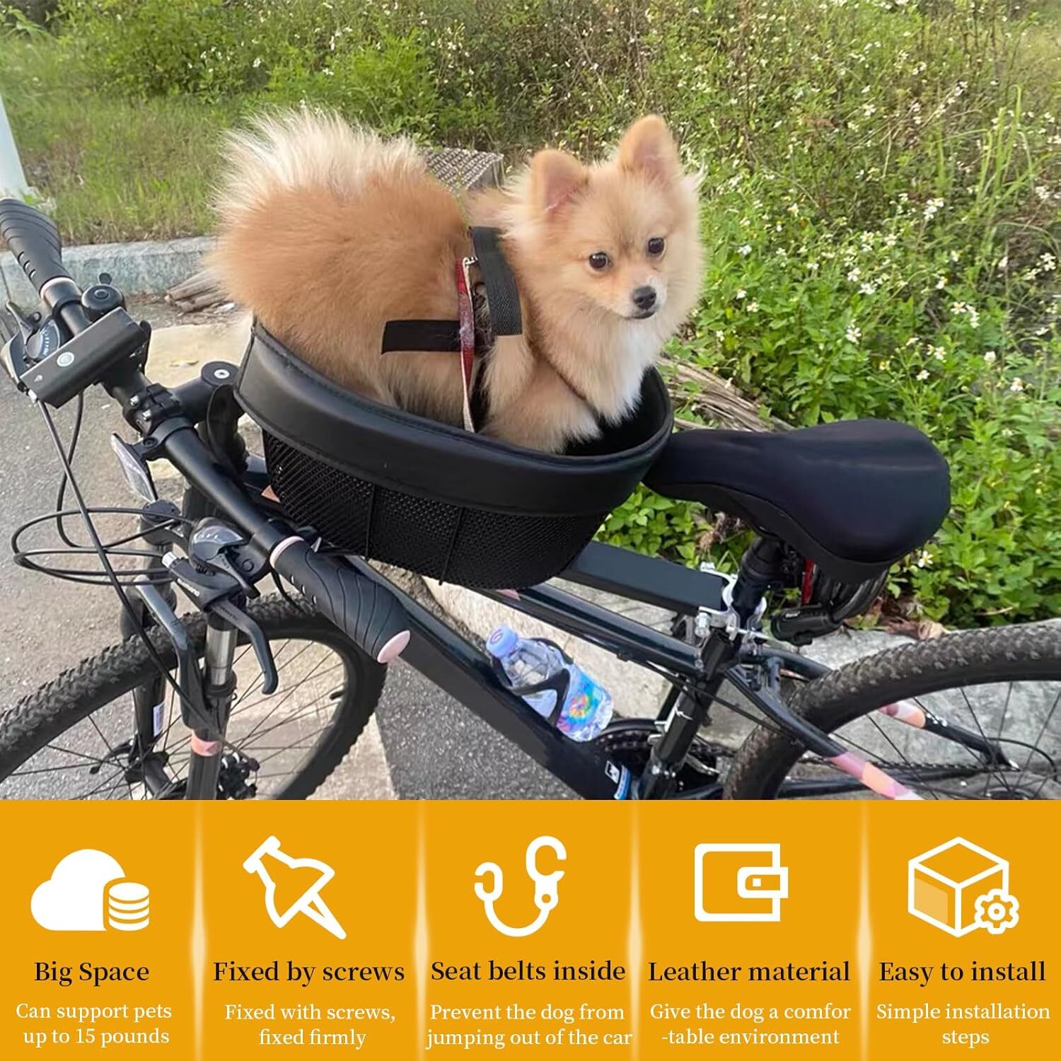 Dog Bike Basket Adjustable Safety Strap Pet Bike Basket Up to 15lbs Small Dogs