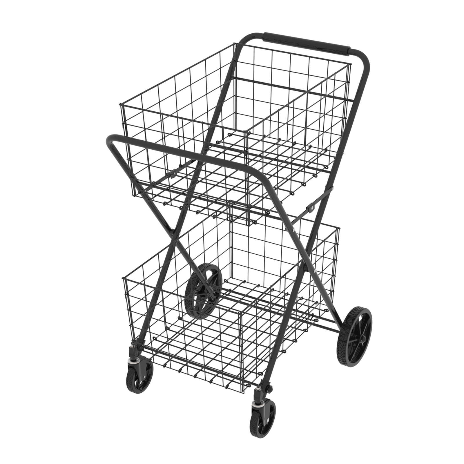 2-Tier Shopping Cart Foldable Grocery Cart Wheels Removable Storage Basket
