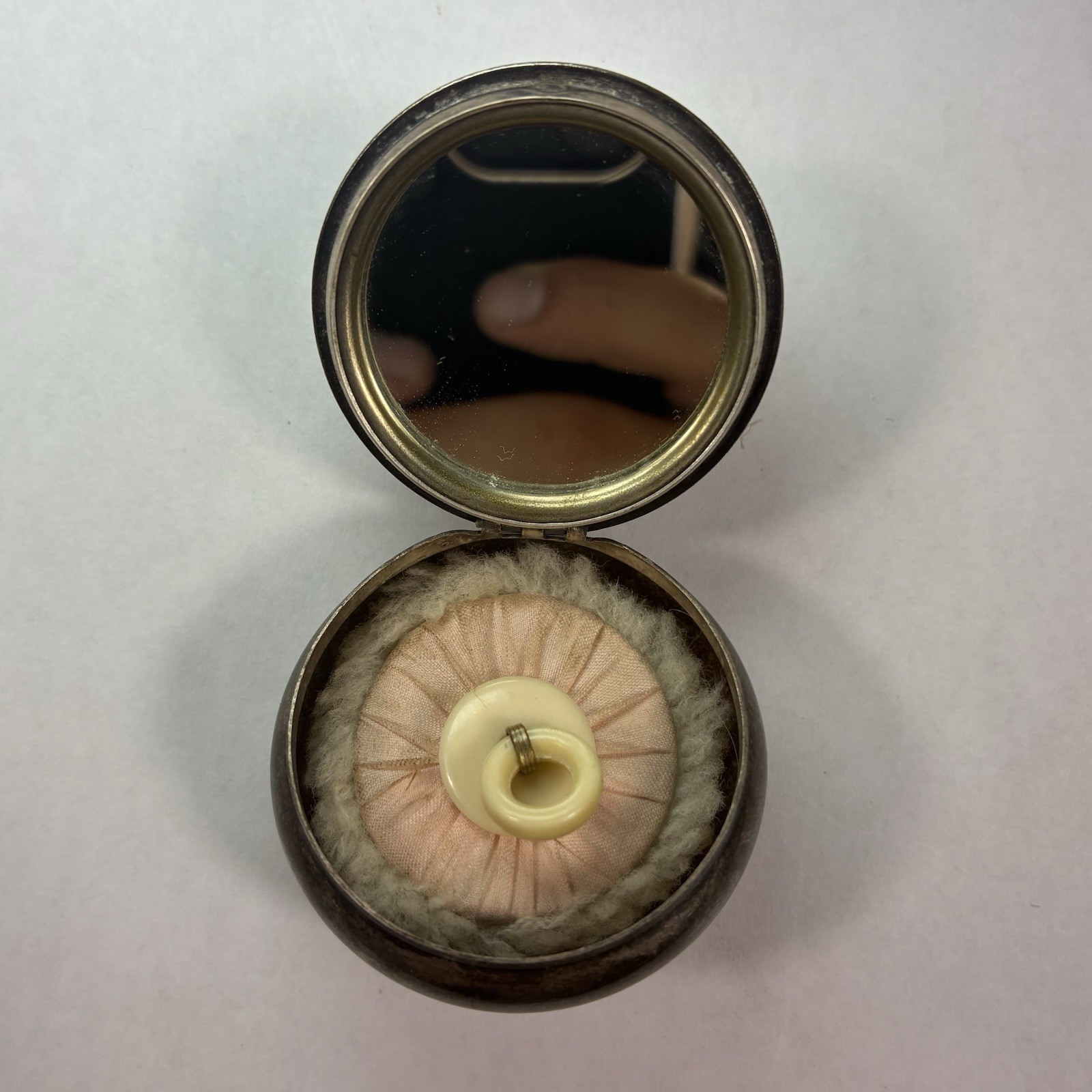 Antique Williams Talc Co Miniature Mirrored Powder Box w/Puff Silver Plate Vtg