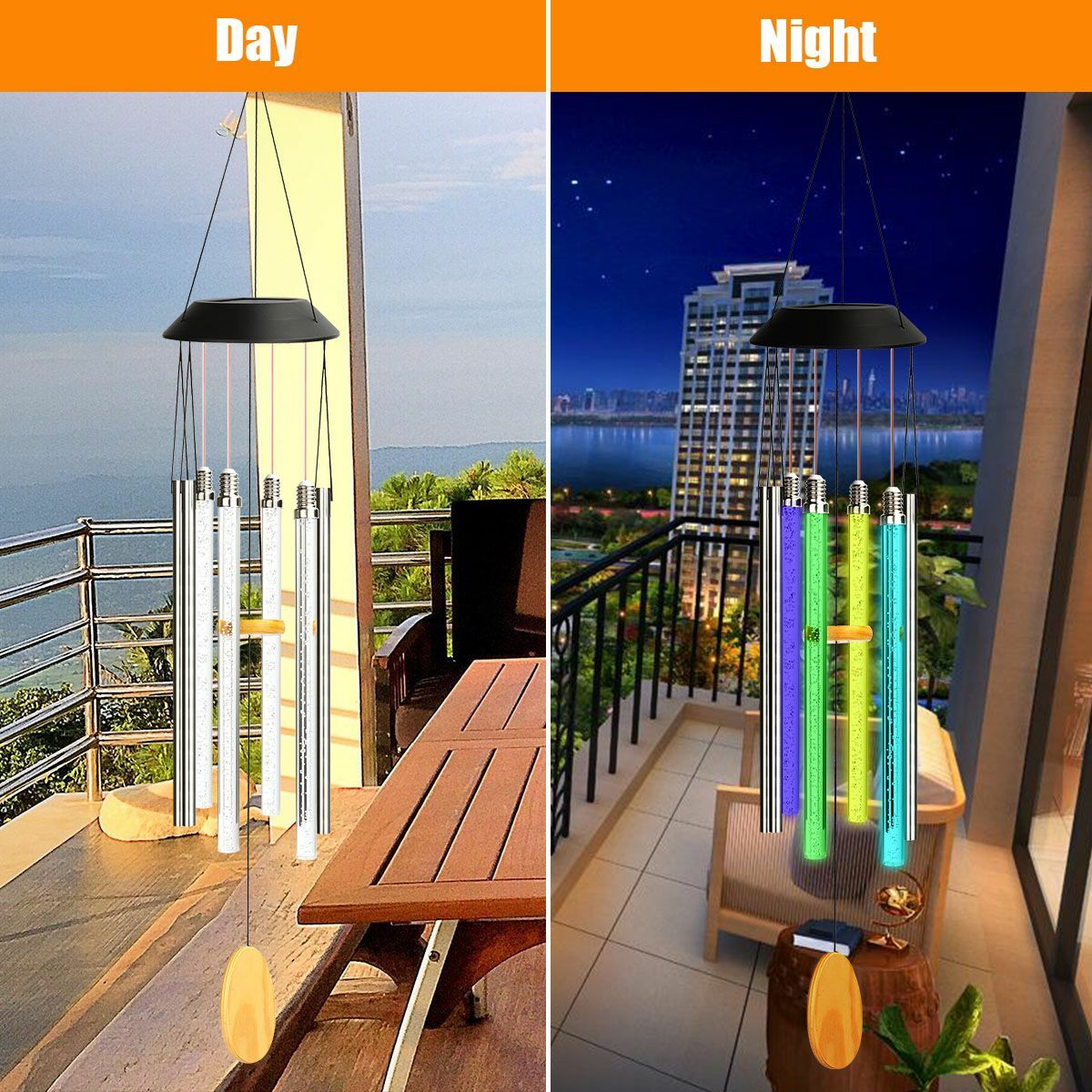 Solar Wind Chimes Color Changing LED Lights Large Deep Tone Resonant Bell Tubes
