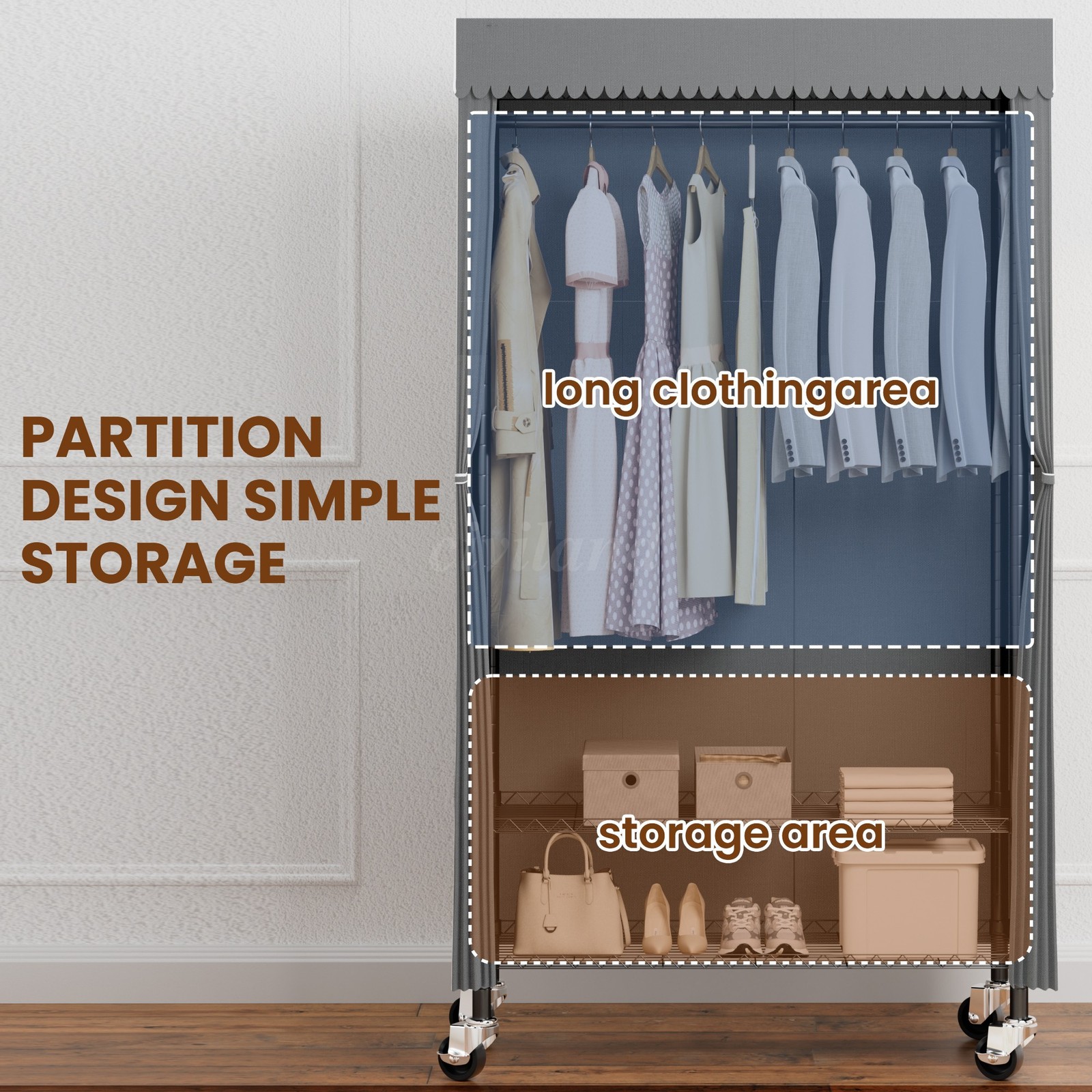 3 Tiers Heavy Duty Rolling Garment Rack with Wheels, Adjustable Shelf, Bedroom