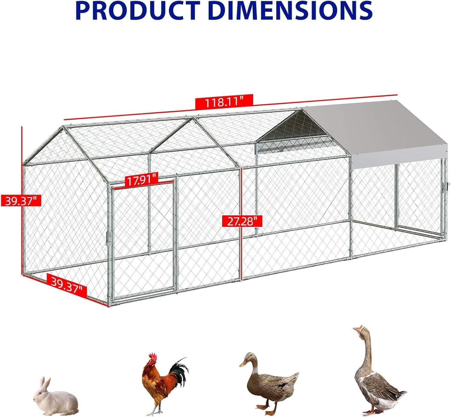 Heavy Duty Outdoor Walk-in Chicken Runs w/Cover Poultry Cage 120"×40"×40" Silver