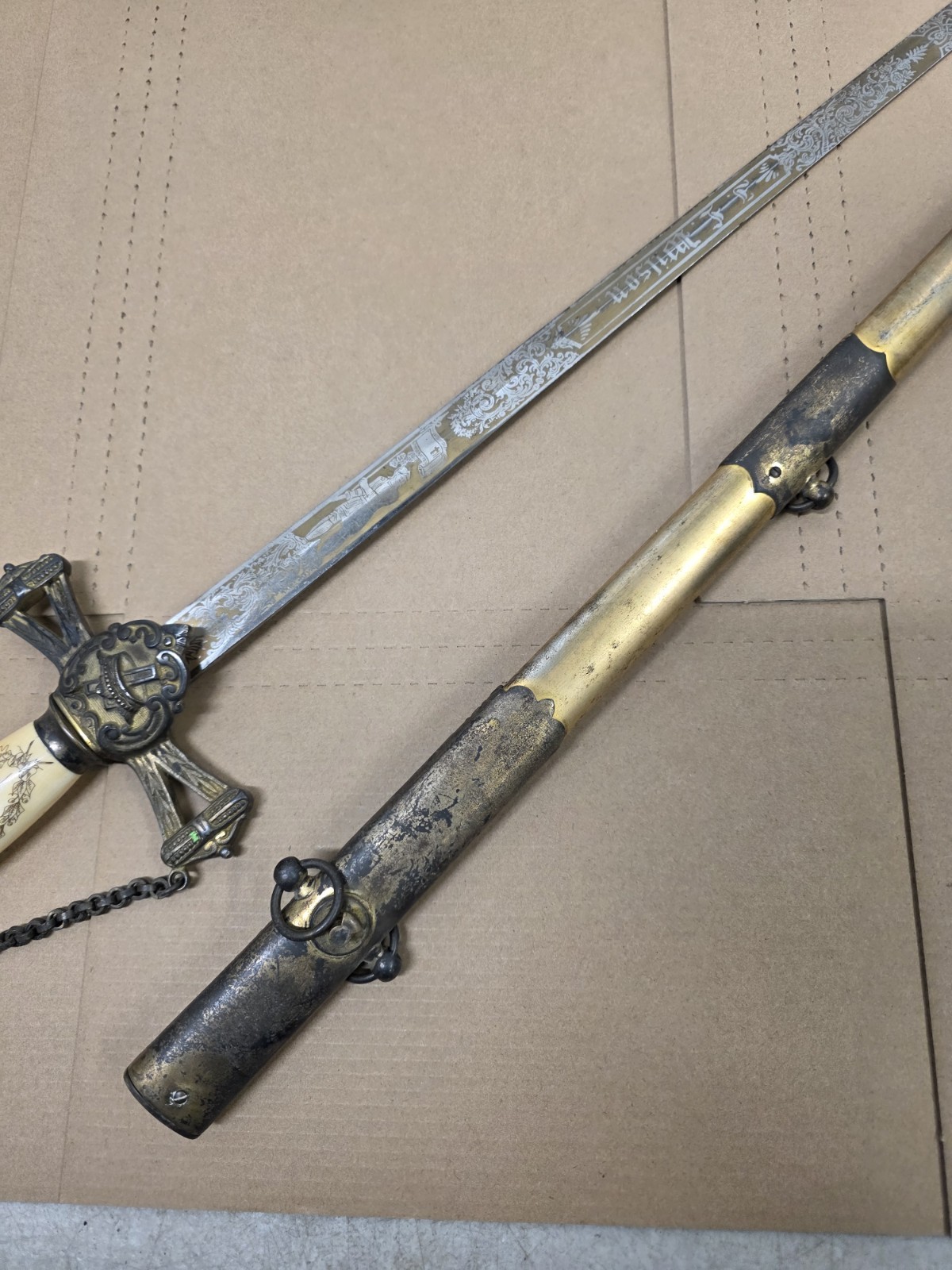 Vintage Late 1800s J.H. Wilson Knights Templar Ceremonial Sword Scrimshaw Handl