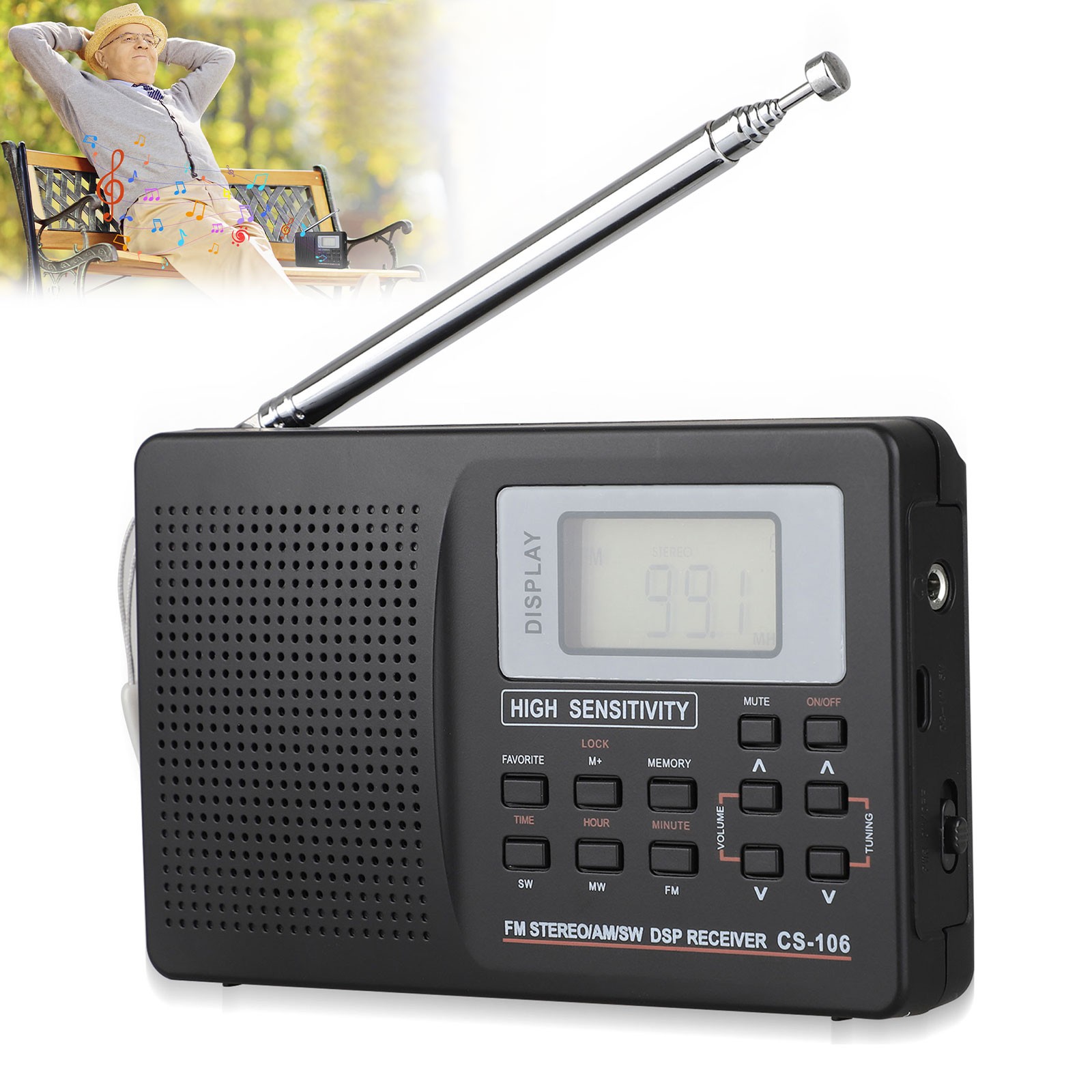 Portable 5 Band FM/AM/SW/LW/TV Radio Receiver Stereo Speaker Alarm w/ Headphone