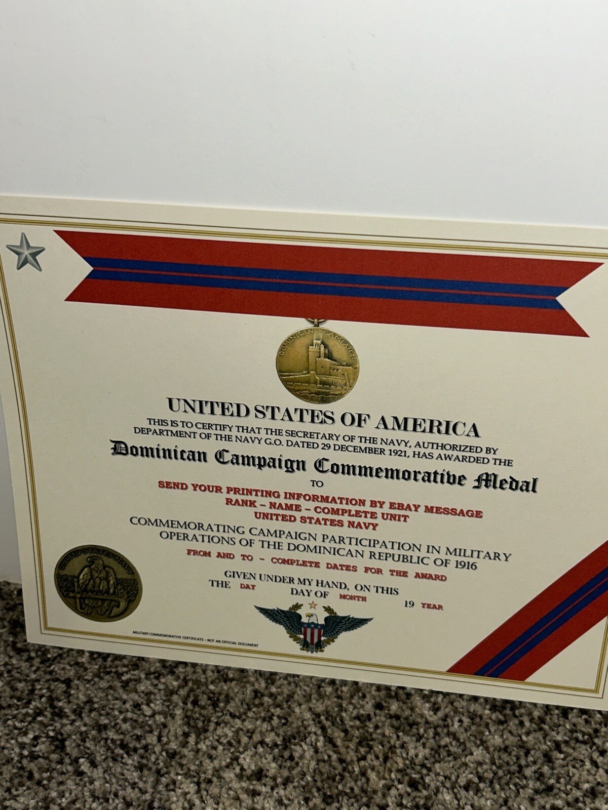 DOMINICAN CAMPAIGN (NAVY) COMMEMORATIVE MEDAL CERTIFICATE ~ W/PRINTING TYPE-1